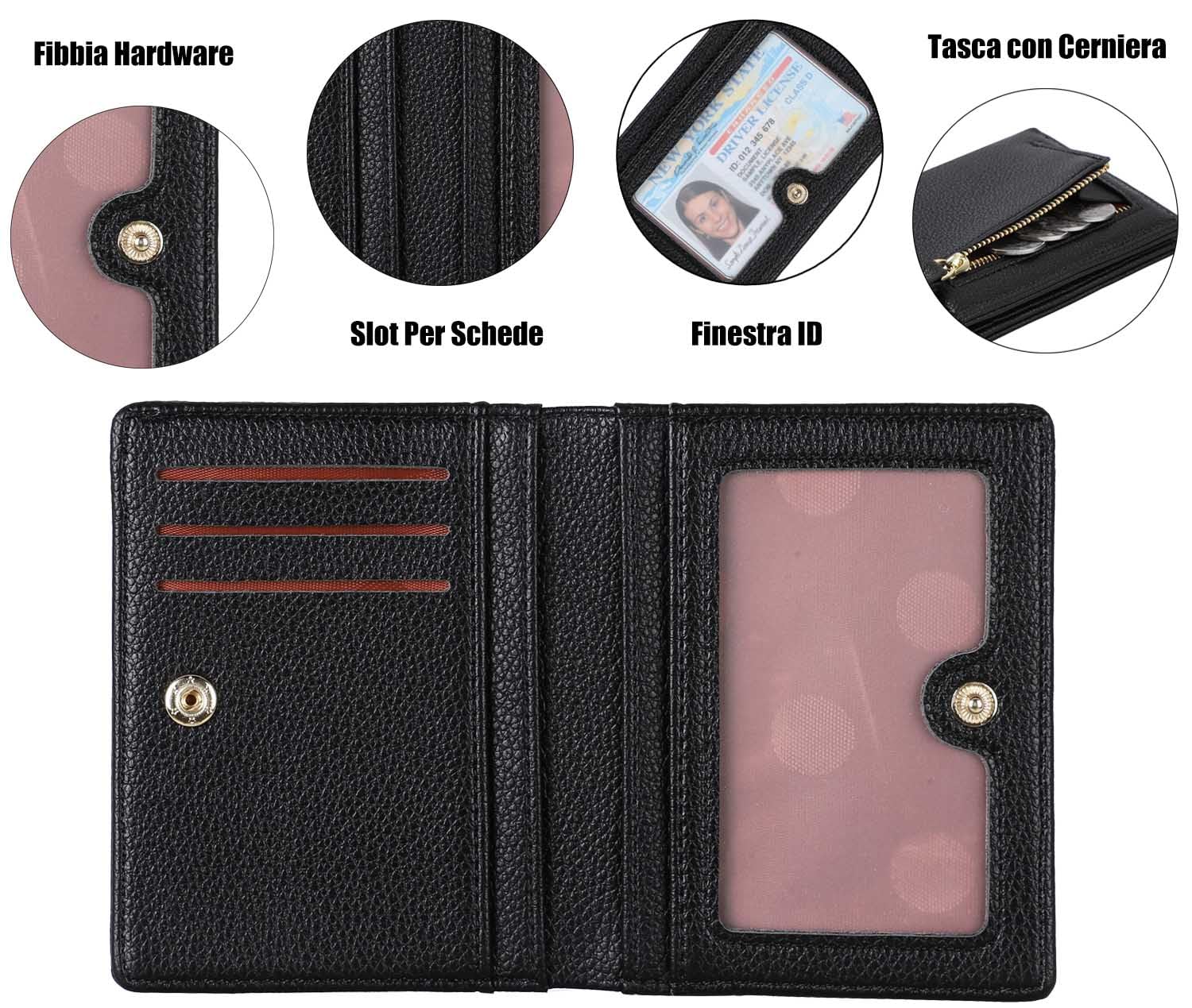 RRANCharltu Portafoglio Donna Piccolo in Pelle Portamonete Piccoli con Cerniera e chiusura a Scatto Scomparti per Carte Multipli, Nero