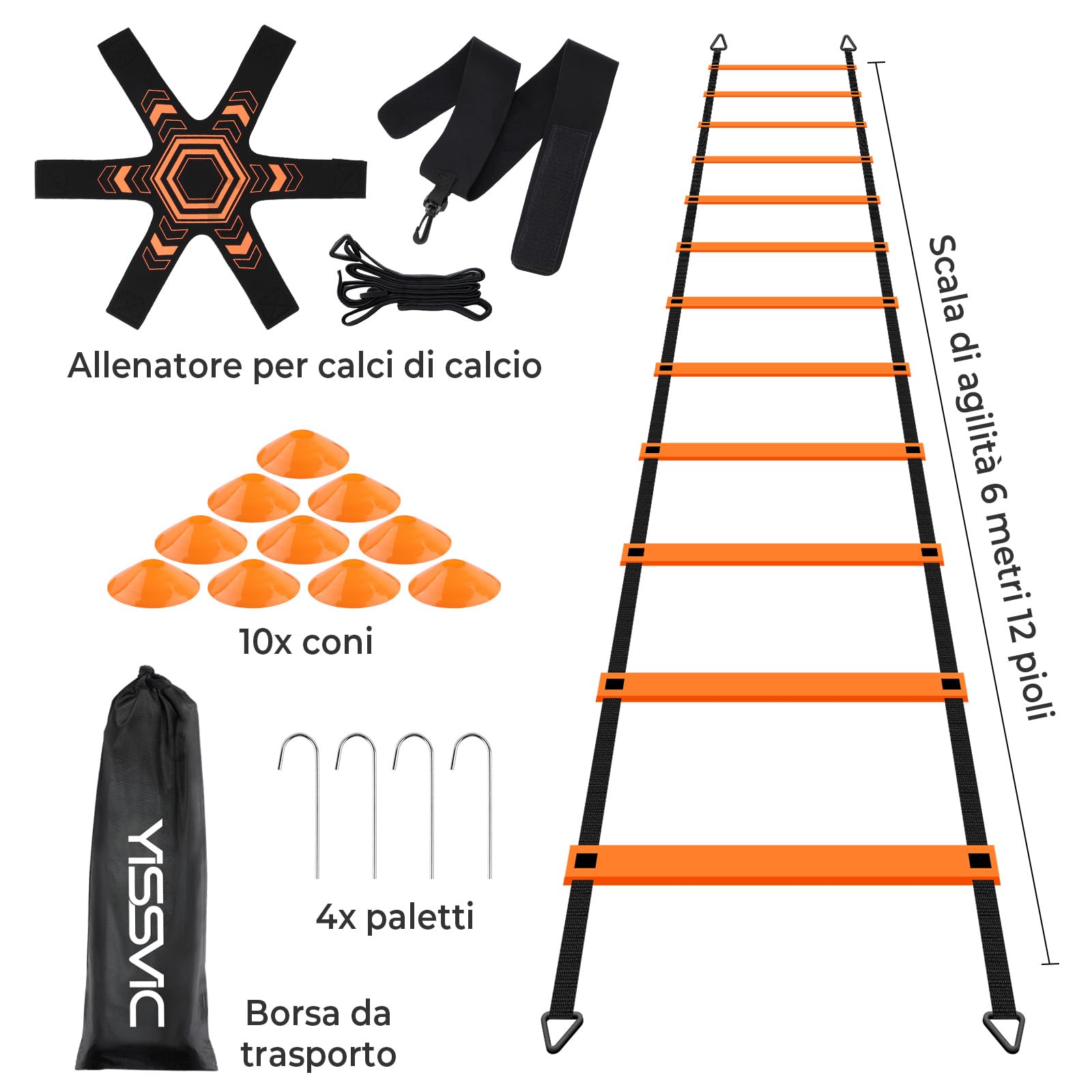 YISSVIC Kit Allenamento Calcio e Agilità con Scala di Agilità 6 Metri 12 Pioli, 10 Coni, 4 Picchetti e Allenatore di Calcio/Tiro, Adatto per Bambini