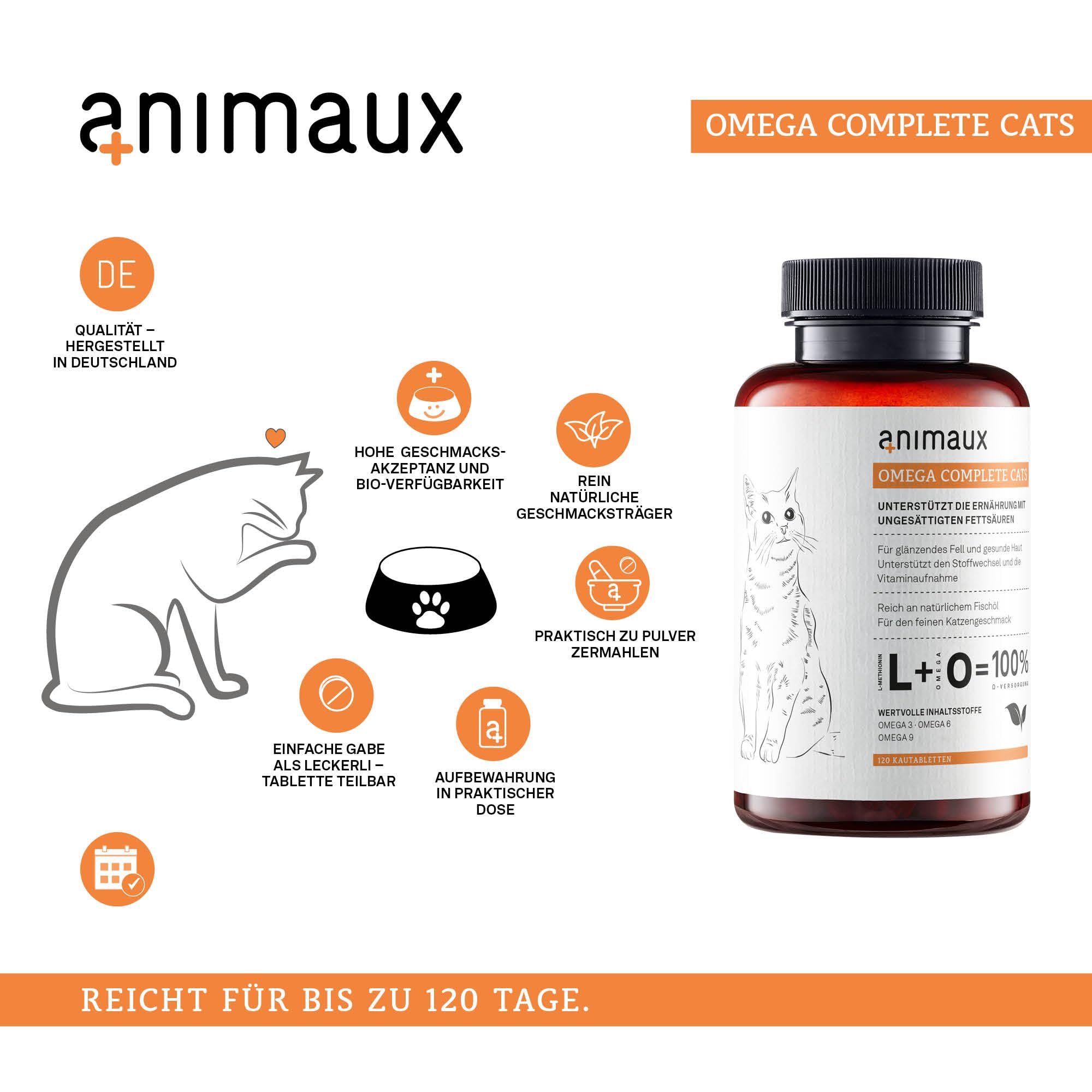 animaux Omega Complete Cats – 120 Kautabletten für Katzen – Fischöl reich an Omega 3, 6 & 9 Fettsäuren für den Stoffwechsel, Knochenaufbau & Herz-Kreislauf, Leckerli mit Lachsöl für Haut & Fell