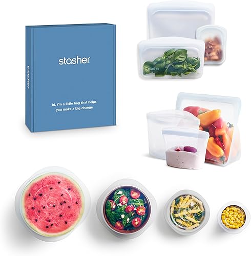 Stasher Bolsas reutilizables de silicona prémium para almacenamiento de alimentos y tapas elásticas, paquete de 10 unidades, sellado hermético,