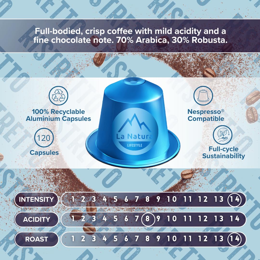 La Natura Lifestyle 120 cápsulas de café Ristretto de aluminio, 100% reciclables, compatibles con Nespresso®