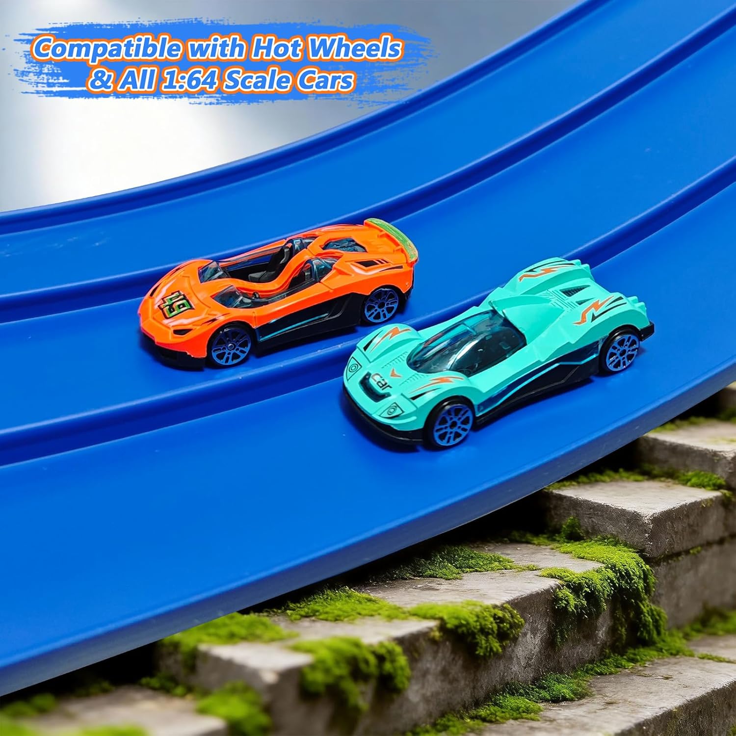 15ft 3-Lane Race Track Compatible with Hot Wheels | Flexible Toy Car Track | Race Track Set with 6 Racecars & 6 Strong Suction Cups | Flex Tracks Compatible with 1:64 Scale Die-Cast Vehicles