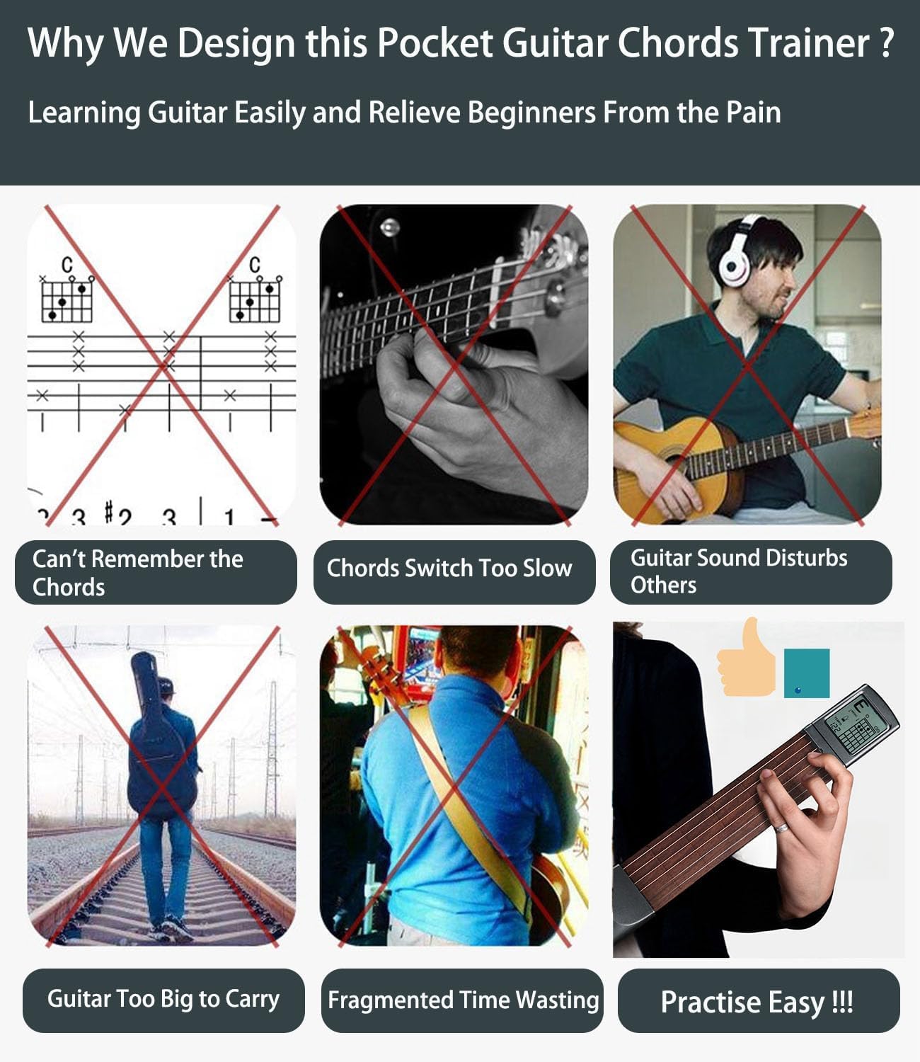 Herramienta de Práctica de Acordes de Guitarra, Entrenador de Guitarra de Bolsillo, Entrenador de Acordes, Modelo de 6 Cuerdas Y 6 Trastes, Entrenador de Guitarra Práctico para Adultos Y
