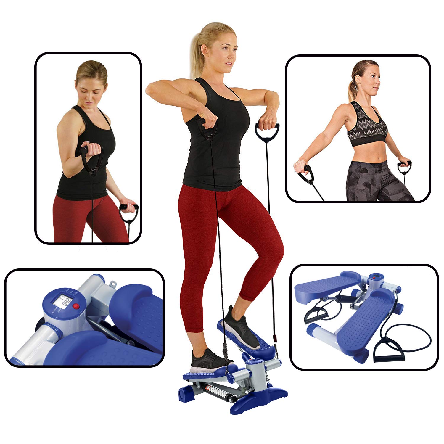 JOCCA - Stepper con Extensores y Pantalla LCD | Pedales Antideslizantes | Altura y Tensión Ajustable | Entrenamiento Completo para Piernas y Brazos | 100 kg MAX