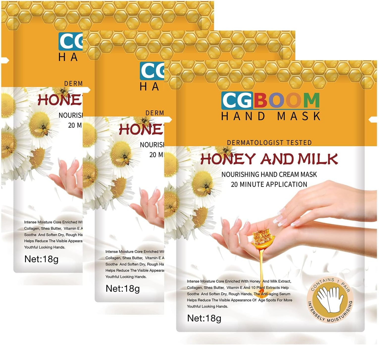 3 Pairs Hands Moisturizing Gloves, Hand Skin Repair Renew Mask w/Infused Collagen, Moisture Enhancing Gloves for Dry, Aging, Cracked Hands(Honey&Milk))