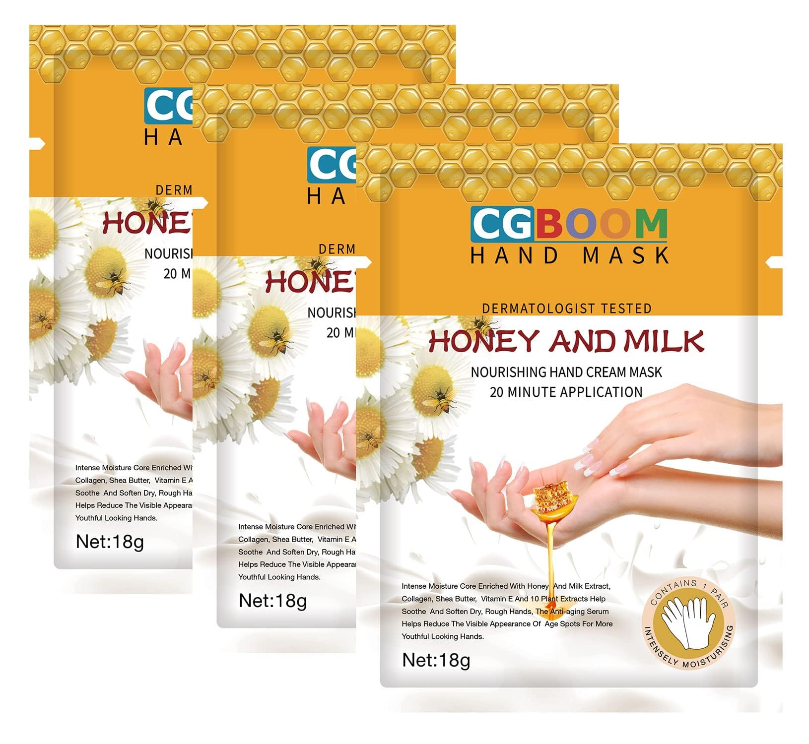 3 Pairs Hands Moisturizing Gloves, Hand Skin Repair Renew Mask w/Infused Collagen, Moisture Enhancing Gloves for Dry, Aging, Cracked Hands(Honey&Milk))