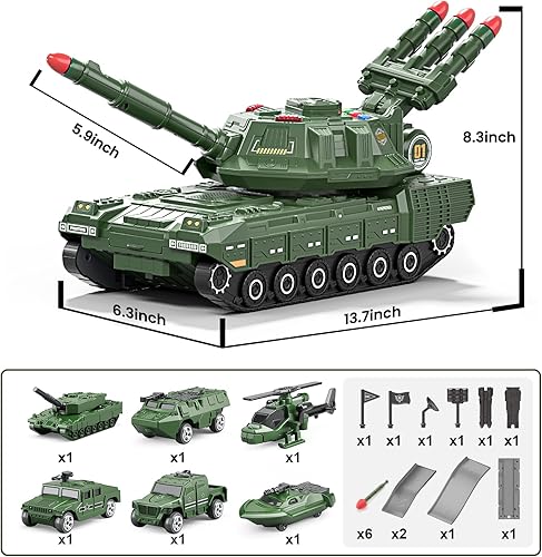 Miniatura 6 de Tanque de juguetes militares para niños, tanque de juguetes militares con 6 vehículos, tanque de juguete con luz, sonido y disparos de misiles,