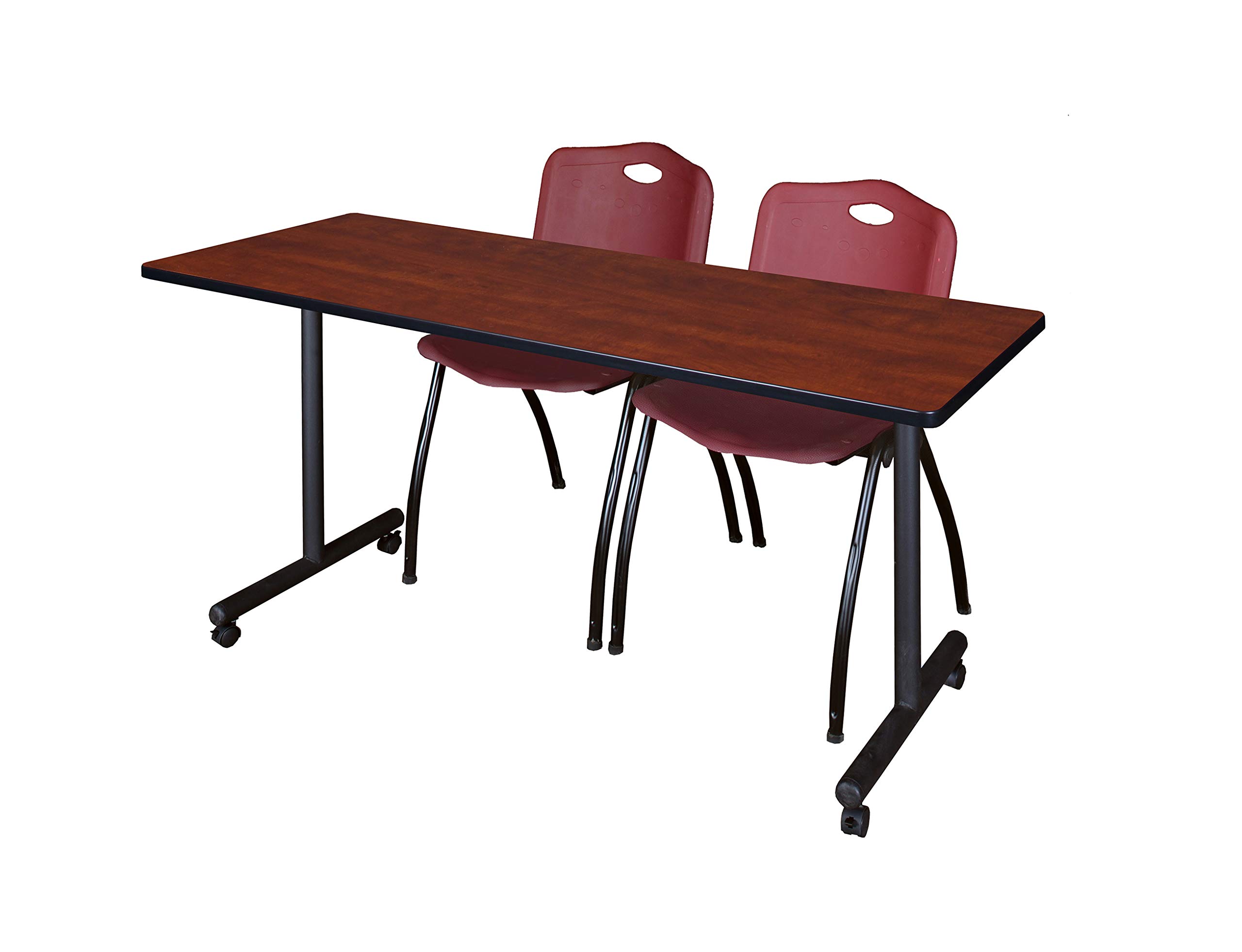 Romig Axis-Pro 66 x 24 in. Mobile T-Base Training Table- Cherry, 2 M Stack Chairs- Burgundy