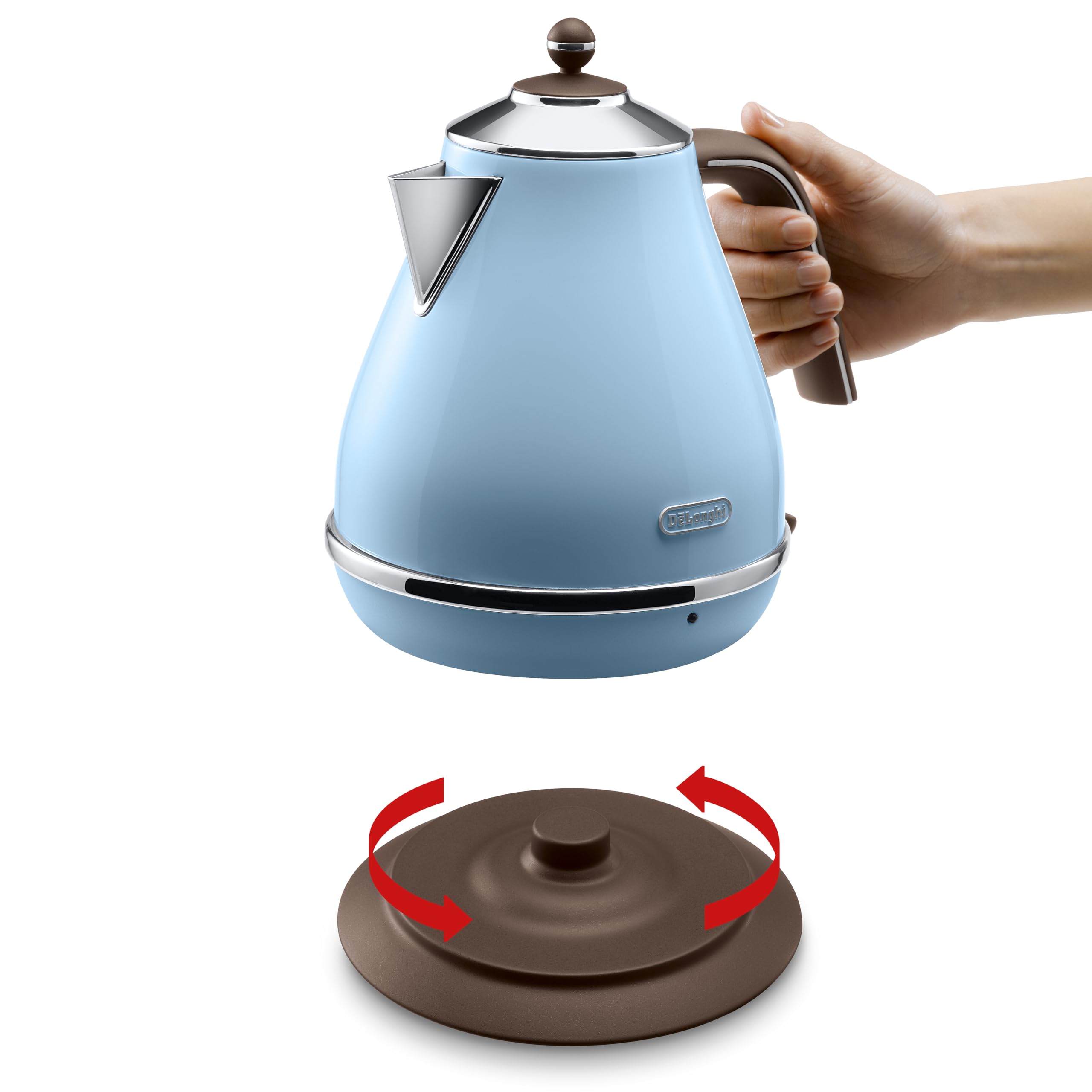 De'Longhi Czajnik elektryczny Icona Vintage KBOV2001.AZ – 1,7 l ze wskaźnikiem poziomu wody i podstawą 360°, stal szlachetna w eleganckim stylu retro z chromowanymi elementami, niebieski, 23 x 25 x 23