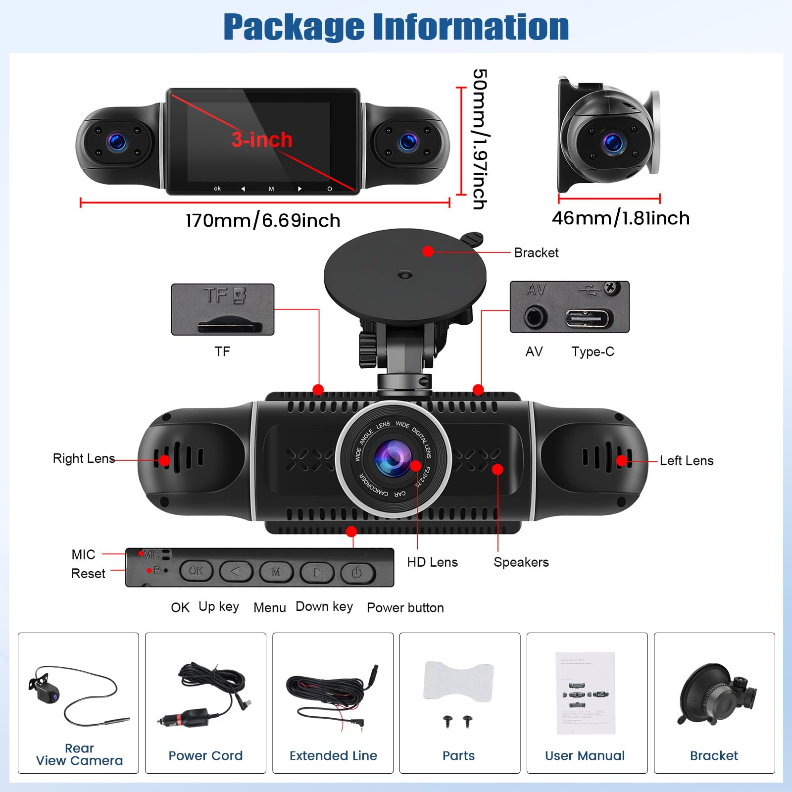 CAMECHO Dashcam Coche Delantera Trasera con 4 Cámaras FHD 1080P Gran Angular, Pantalla IPS de 3 Pulgadas 360° Dash-CAM con WiFi App Visión Nocturna G-Sensor 24H +Reverse Line