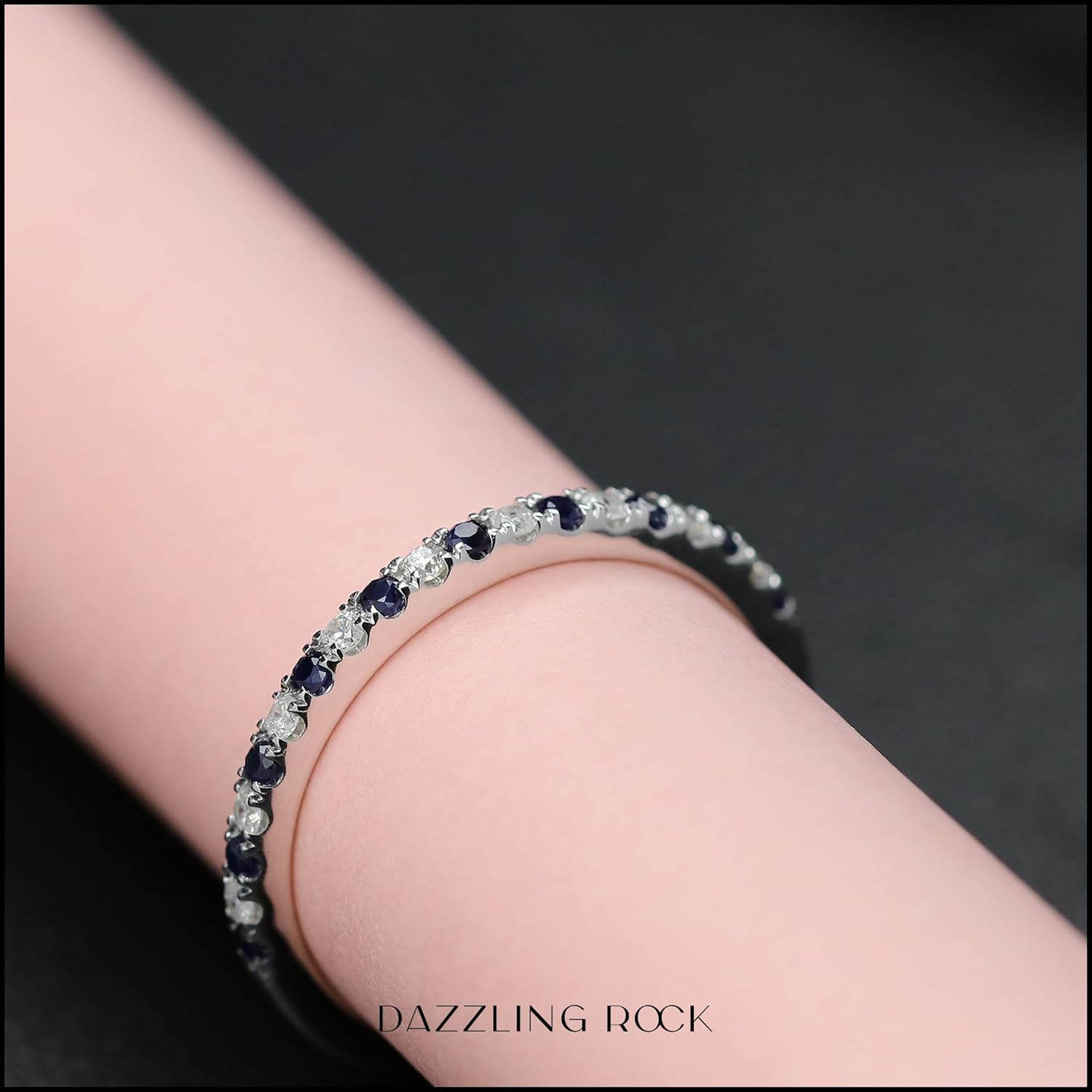Dazzlingrock Collection Round Alternate Blue Sapphire & White Diamond Stackable Wedding Band for Women in 925 Sterling Silver