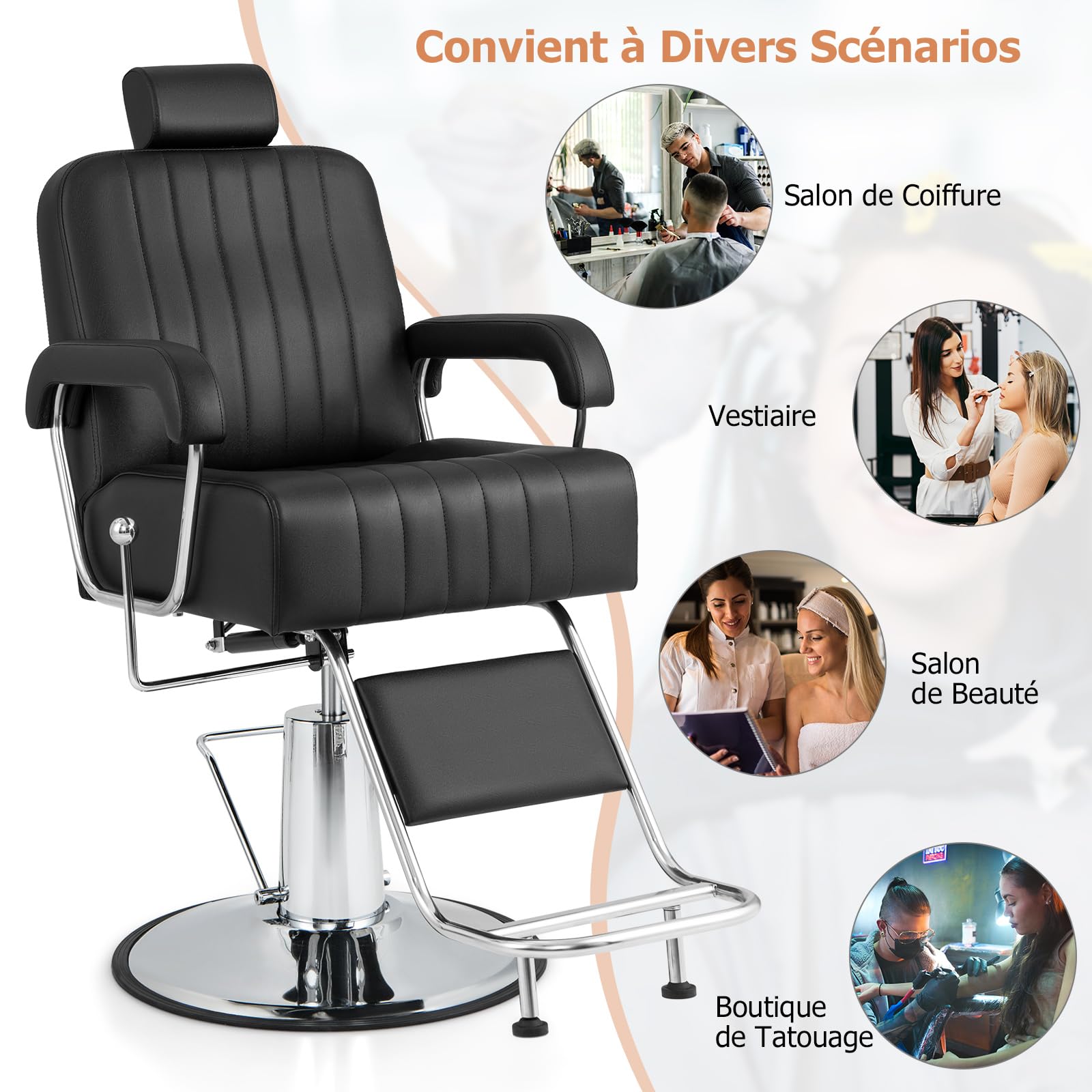 RELAX4LIFE Sillón Giratorio 360°, Silla de Peluquería Reclinable con Reposacabezas Ajustable, Reposapies, Altura de Asiento 59-72cm, Equipo de Peluquería para Salón de Belleza, Carga 150 kg (Negro)