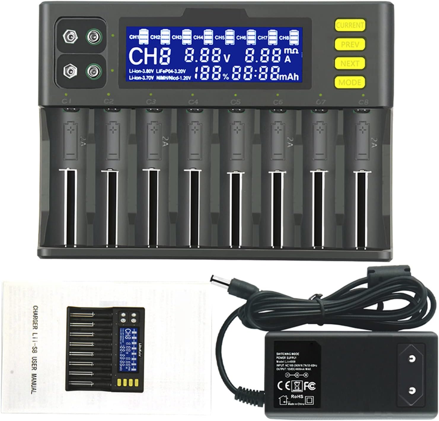 Eacam lii-S8 Battery Charger Li-ion 3.7V NiMH 1.2V Li-FePO4 3.2V IMR 3.8V charger for 26650 26700 AA AAA