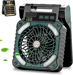 Ventilador Portátil Solar e USB Dobrável 90° com LED – Ventilador de Mesa Verde com Três Velocidades, Função Power Bank e Alta Autonomia para Camping, Outdoor e Uso Interno