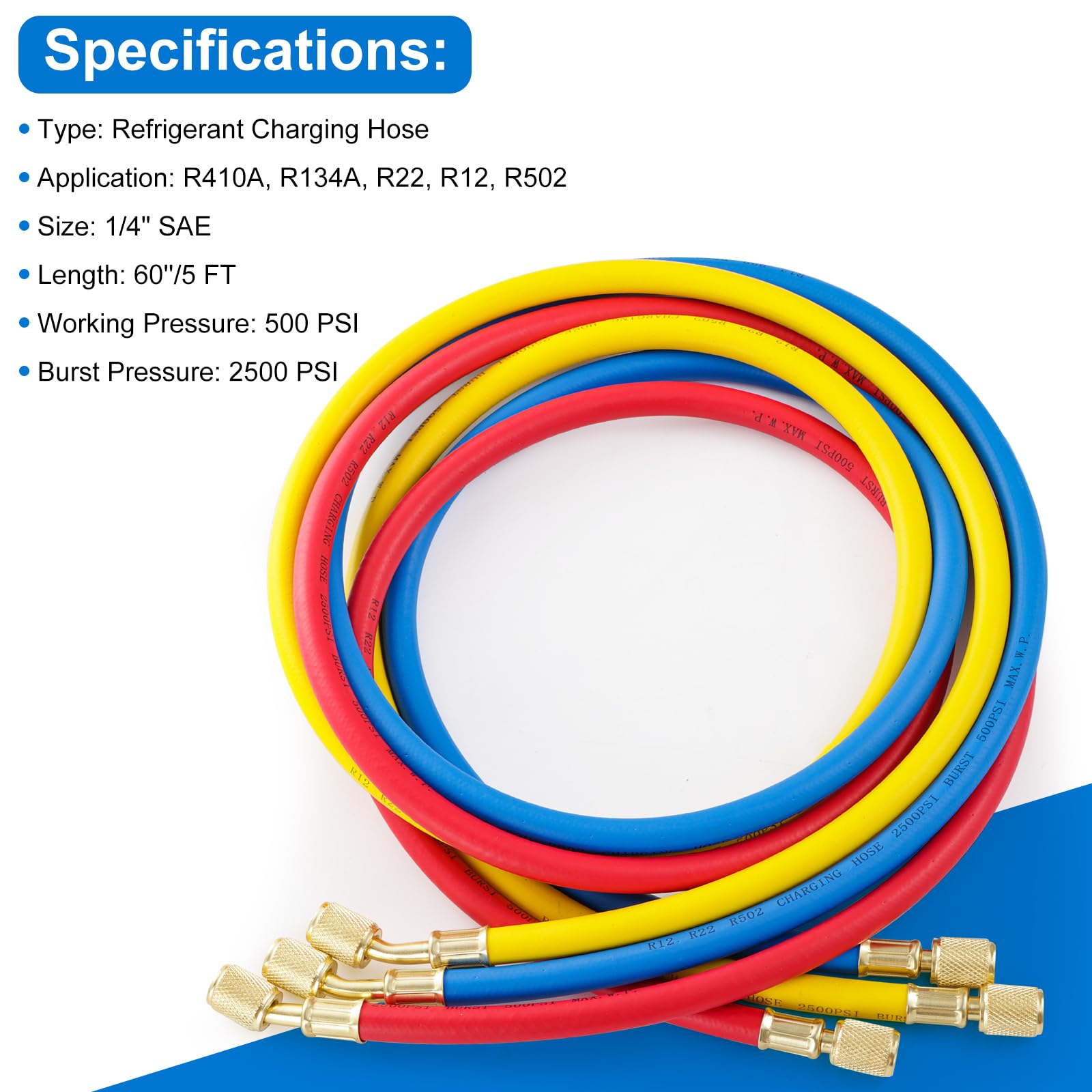 Kit de manguera de manómetro de CA de 3 piezas, mangueras de carga de refrigerante R410A 1/4 SAE, kit de manguera de manómetro de CA de 5 pies para manguera de carga de aire acondicionado
