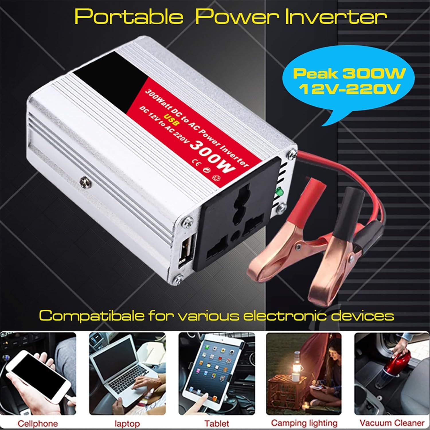 300W Solar Panel Inverter Combo Kit, DC12V-AC220V, 50w Solar Panel, 50A Solar Controller, Fast Charging USB Port, Solar Power Kit for Traveling