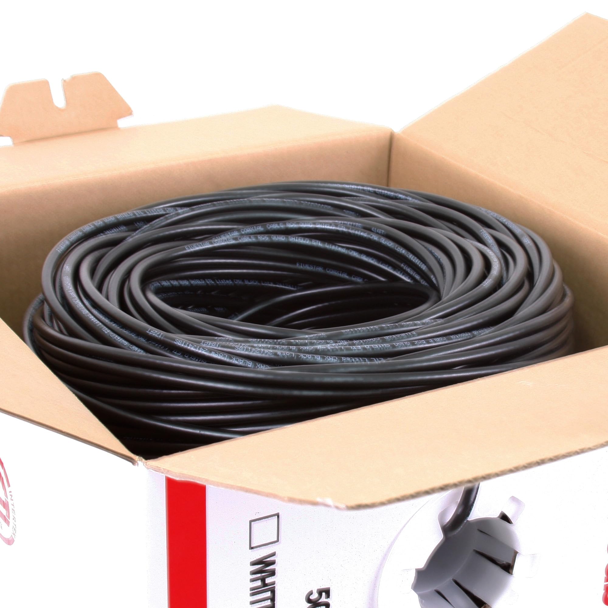 RG6 - Cable coaxial blindado cuádruple de 500 pies, caja de extracción fácil, blanco y negro, clasificación ETL, CL2, 18 AWG, 75 ohmios, para instalaciones de HDTV, satélite, televisión