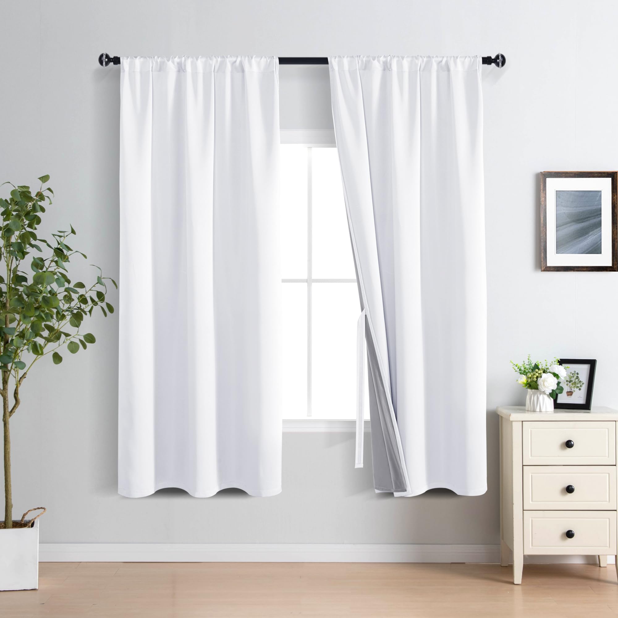 XWZO 100% White Blackout Curtains - Heat and Full Light Blocking Drapes with Black Liner for Bedroom/Laundry Room, Rod Pocket Window Panels with