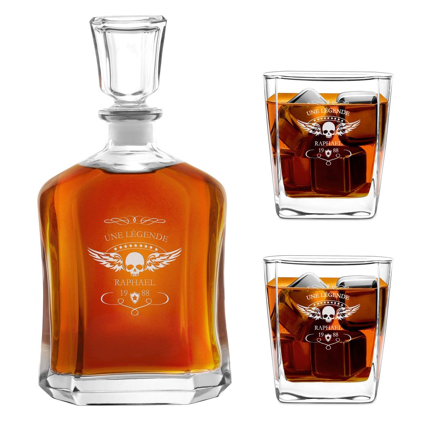 Maverton Ensemble de Carafes Personnalisés a Whisky Rhum Cognac Avec 2/4 / 6 Verres a Whisky Gravés pour homme - 700 ml Service Universel Verre Whisky et Carafe - Living Legend
