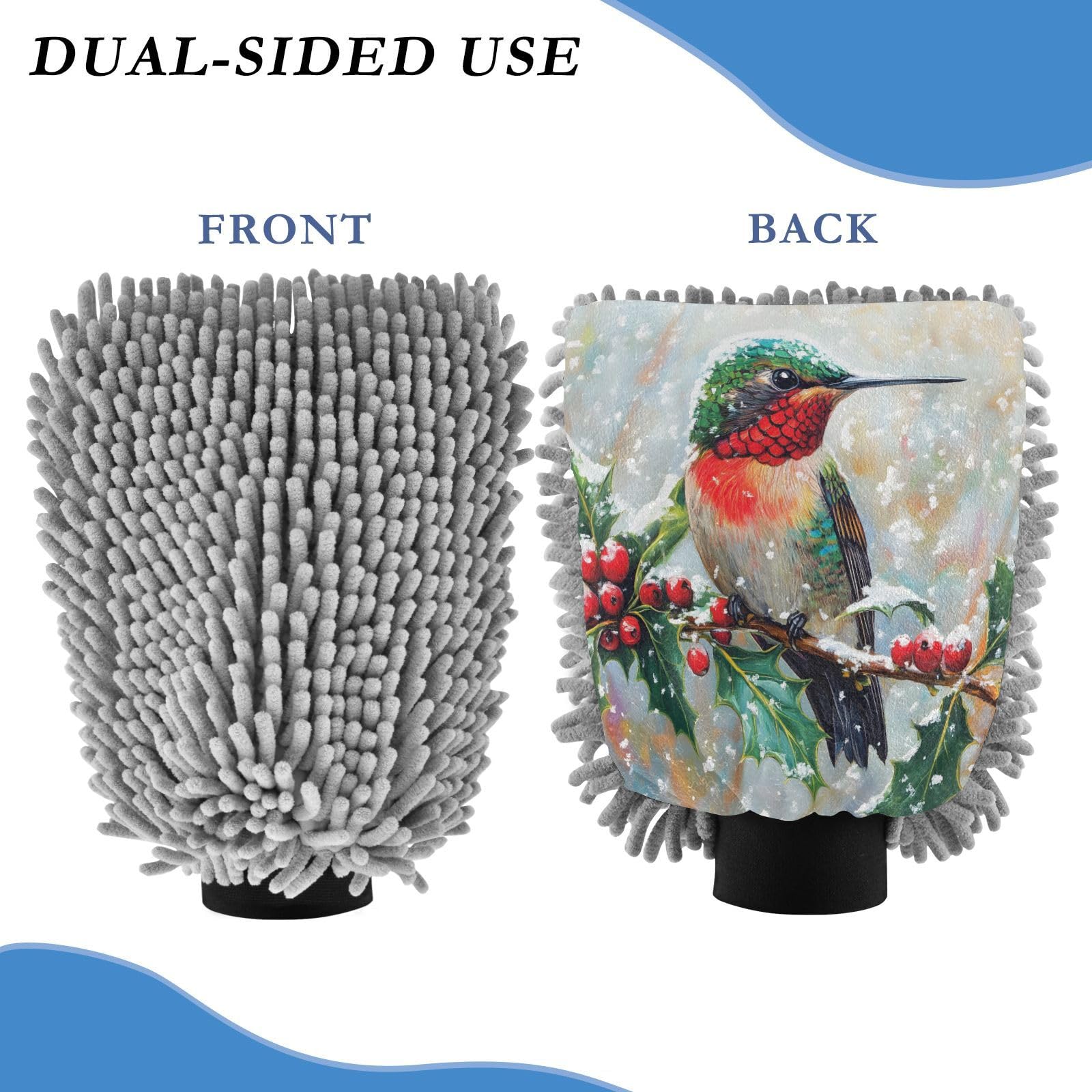 STAYTOP Berries and Hummingbirds Car Wash Mitt Microfiber, 2Pcs Scratch Free Lint-Free, Premium Chenille Microfiber Mitt Car Wash Brush-L