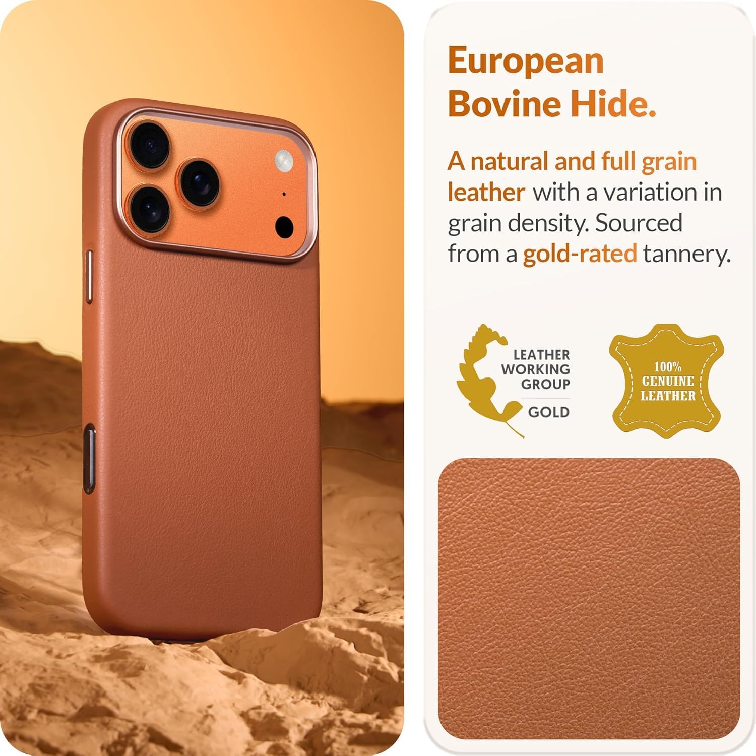 LONLI Classic | Gold-Rated Leather - European Genuine Vele Leather Case for iPhone 17 Pro Max - [Built-in Camera Control and Compatible with Magsafe] - Brown - Image 2