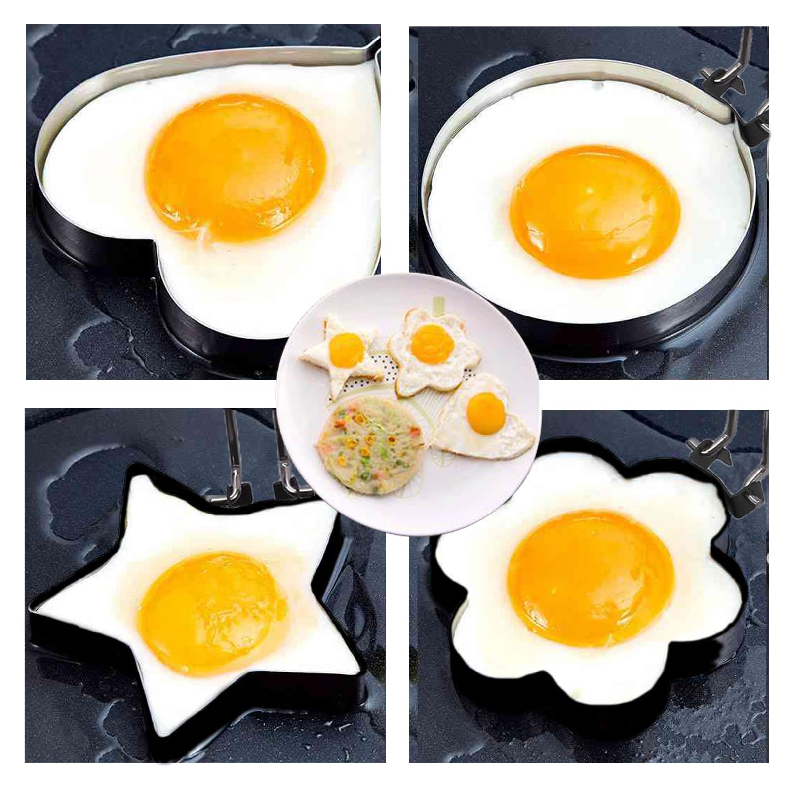 JVHLOV 4 Pièces Anneau à Oeuf, Moule Pancake, Anneaux à œufs En Acier Inoxydable, Moule à Oeuf Avec Poignées Pliantes En Protection Thermique, Pour Muffins Aux