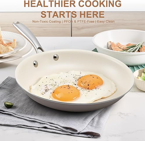 Miniatura 8 de Sartén antiadherente de cerámica de 10.25 pulgadas, sin PFAS, no tóxico, apto para horno y listo para inducción, utensilios de cocina de aluminio