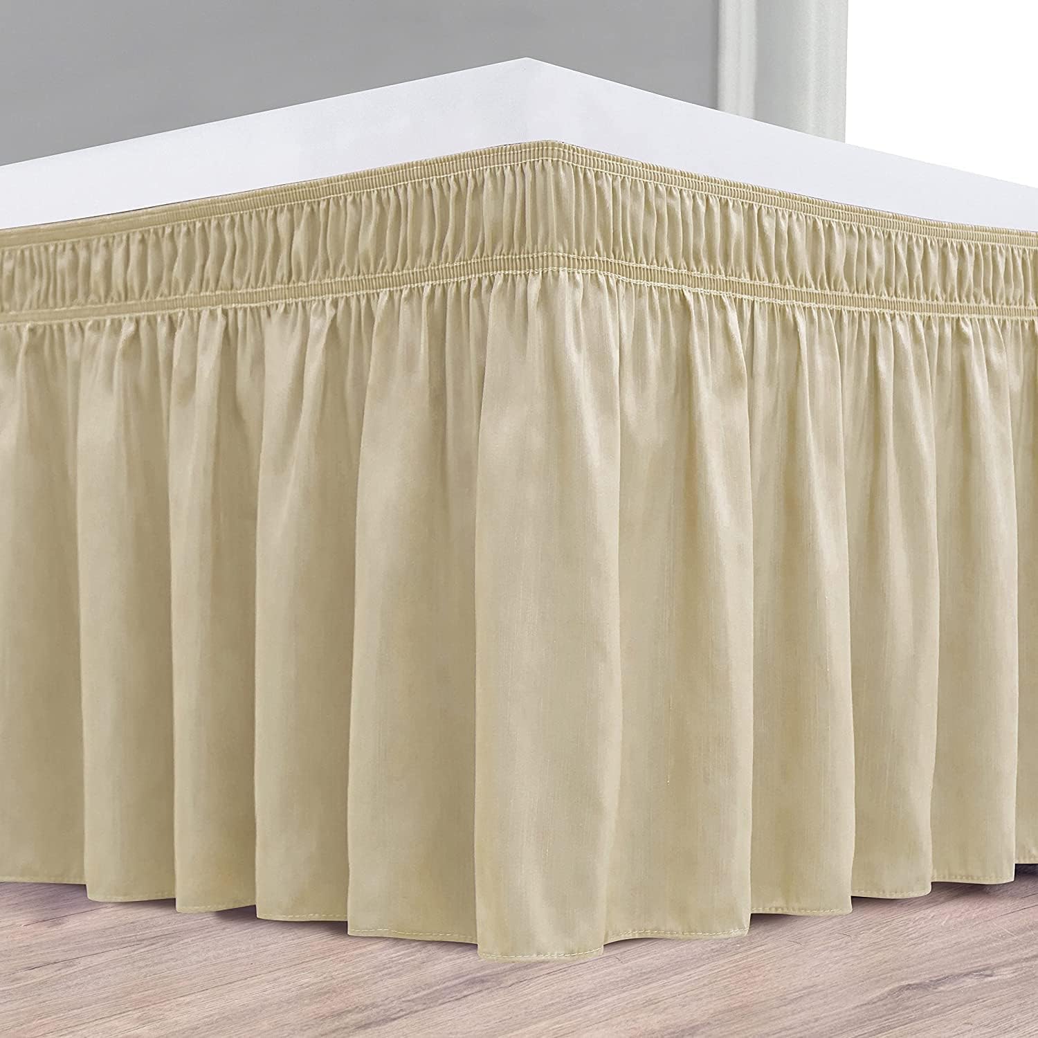 King-Beige Solid Wrap Around Bed Skirt for with Adjustable Elastic Belt, 100% Organic Cotton Dust Ruffles Soft and Silky Easy Fits Up to 24" Drop Length Bed Frame Cover 600 Thread Count