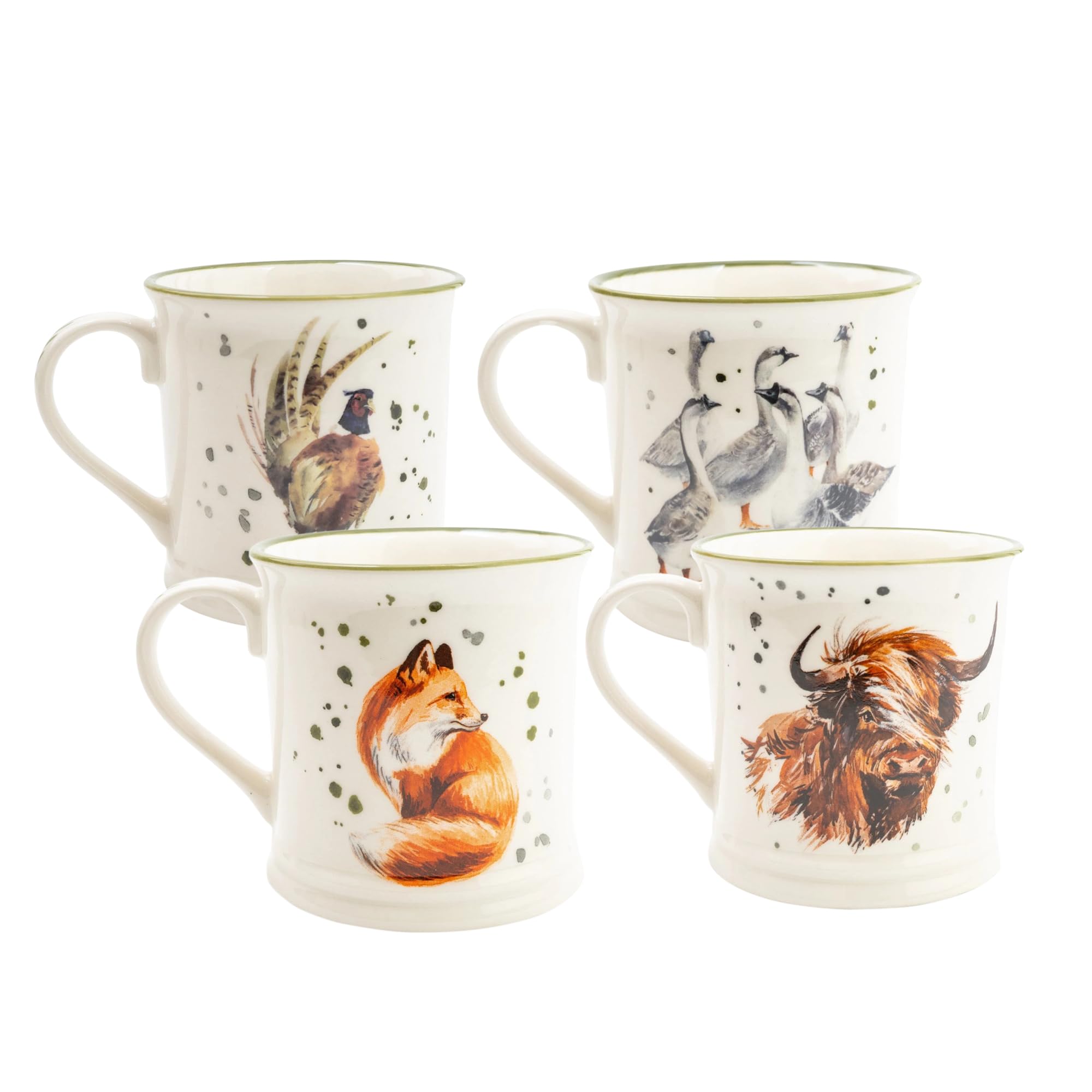 Home Deco LondonRustic Kitchen Range - Farmhouse Countertop Decor, Highland Cow & Pheasant Ceramic Tankard Country Mug Set of 4 Designs 430ml
