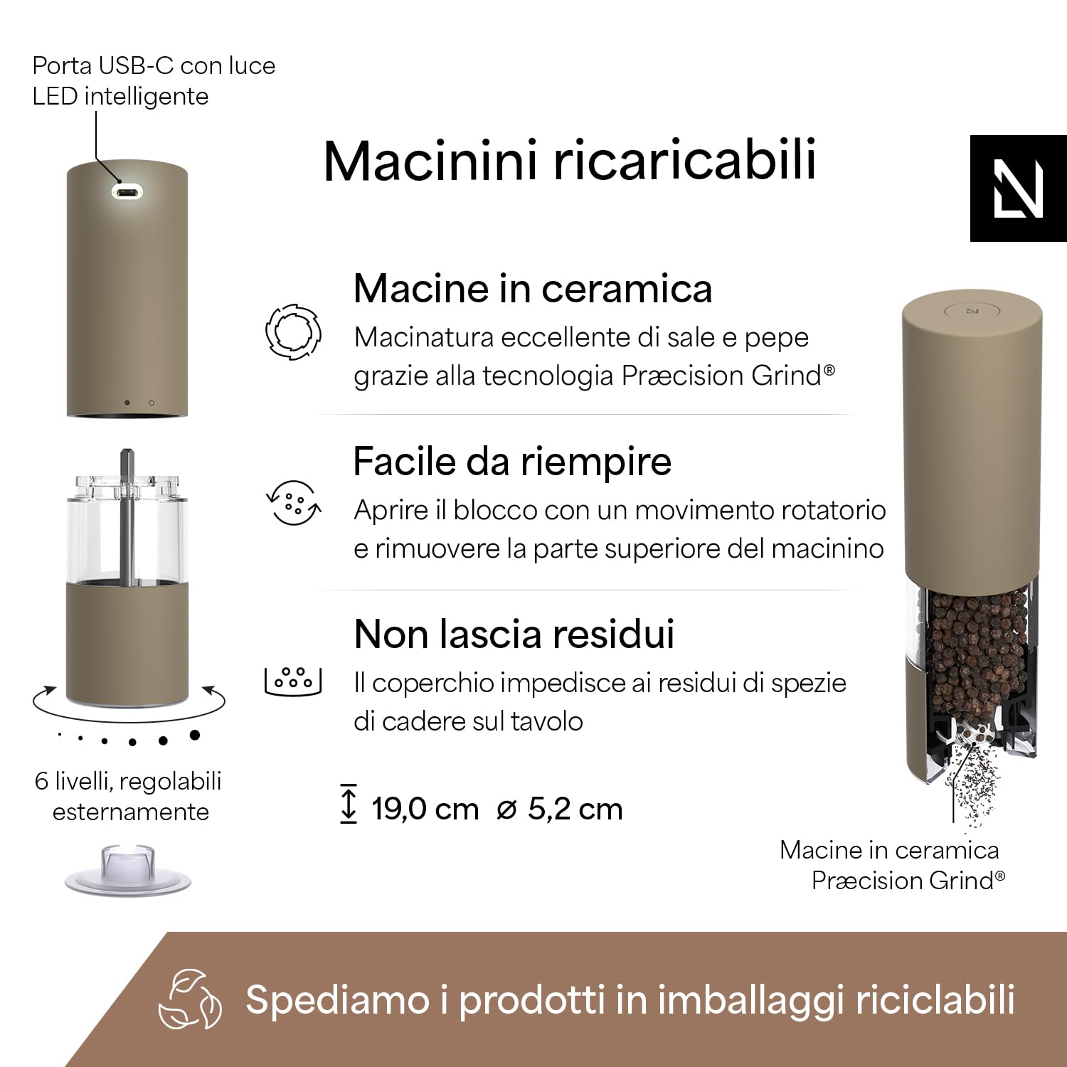 LARS NYSØM Macina Sale e Pepe Elettrica | Set di Macinapepe Automatici in Acciaio Inox con Macinino in Ceramica Regolabile | Set Macinaspezie Ricaricabili USB con Luce LED (Taupe Brown)