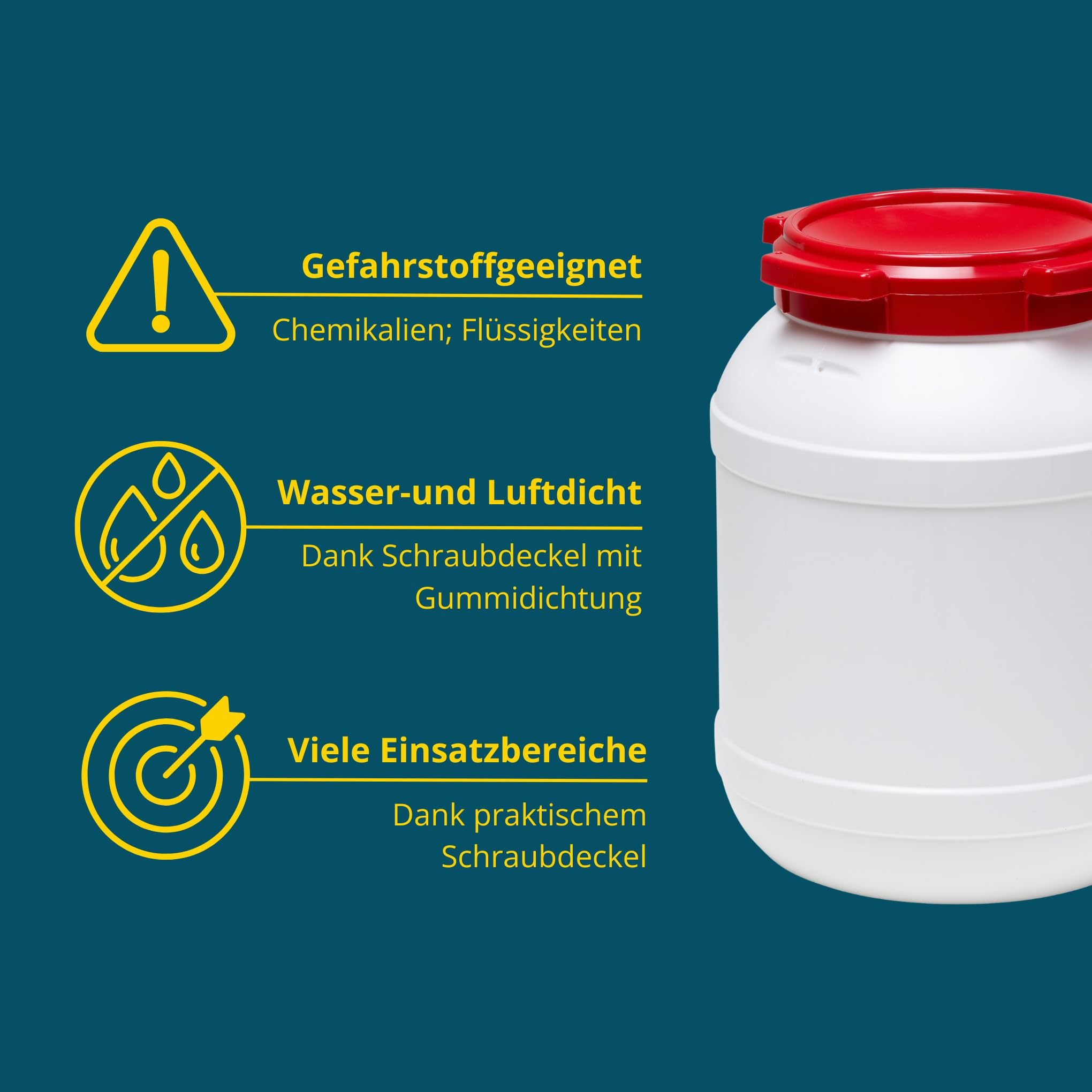 Curtec HDPE Weithalsfass, stapelbar, wasserdicht, temperaturformbeständig bis 80°C, mit rotem Schraubdeckel, Gummidichtung, naturweiß, 6 Liter