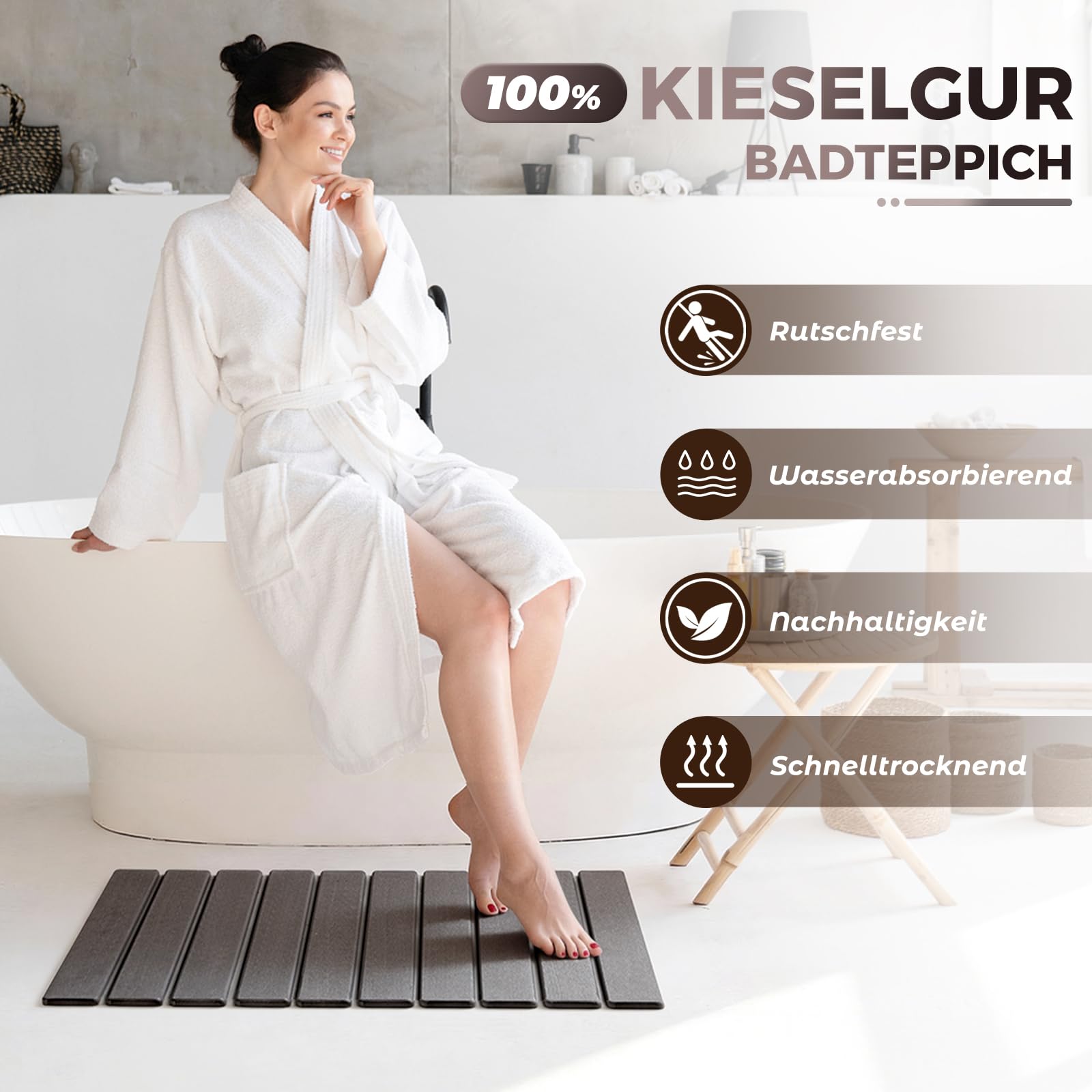 Tapis de Bain en Pierre - 60 x 40 cm - Antidérapant et Absorbant l'eau - Gris - 60 x 40 cm
