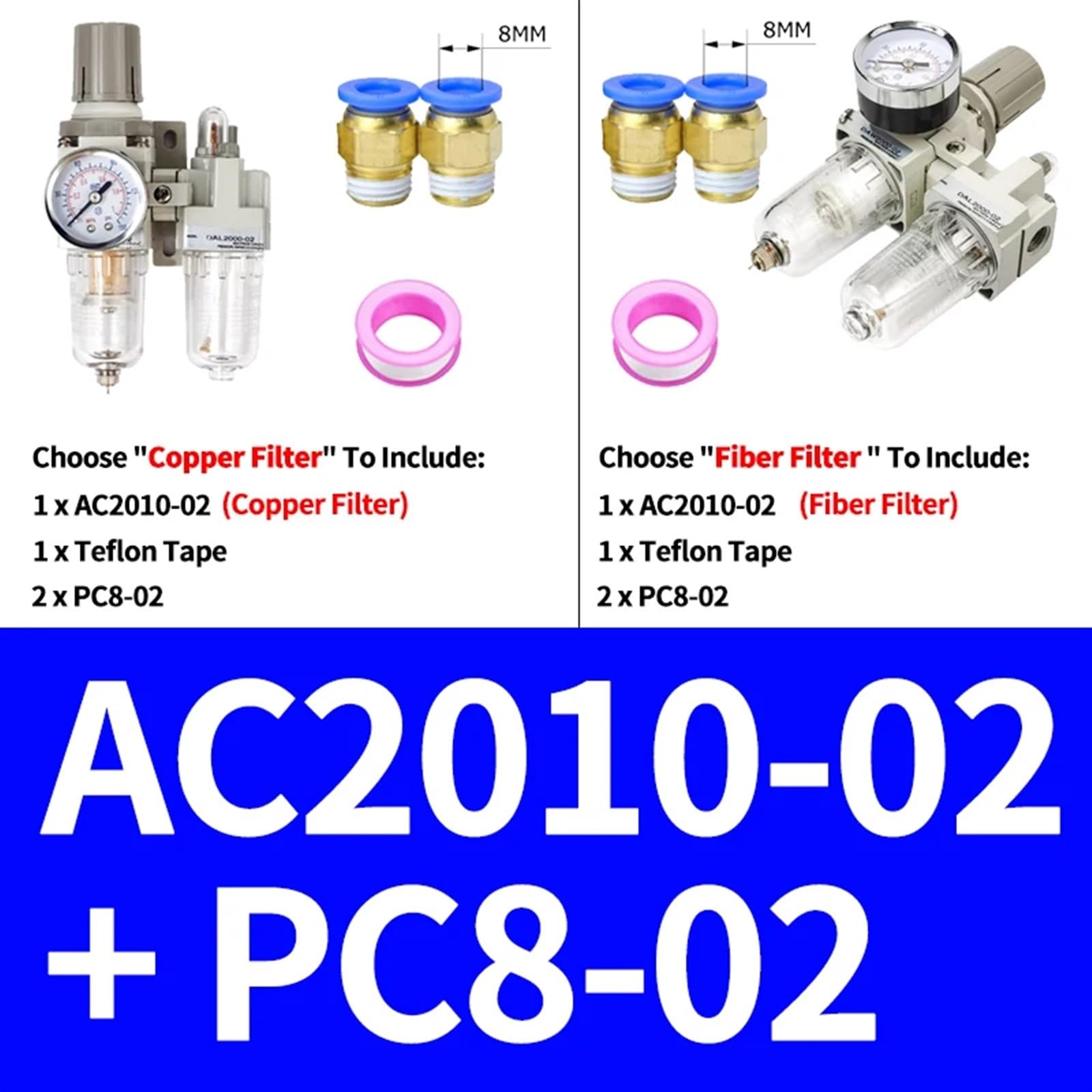 Régulateur de pression pneumatique, séparateur d'eau et d'huile, compresseur de Drainage manuel, filtre à Air, humidité, AC2010-02, AC3010-03, AC4010-04(Ac2010-02 Pc8-02,Fiber Filter)