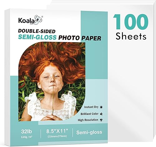 Koala - Papel fotográfico delgado de doble cara semibrillante, 8.5 x 11 pulgadas, 100 hojas de 32 libras, compatible con impresora de inyección de