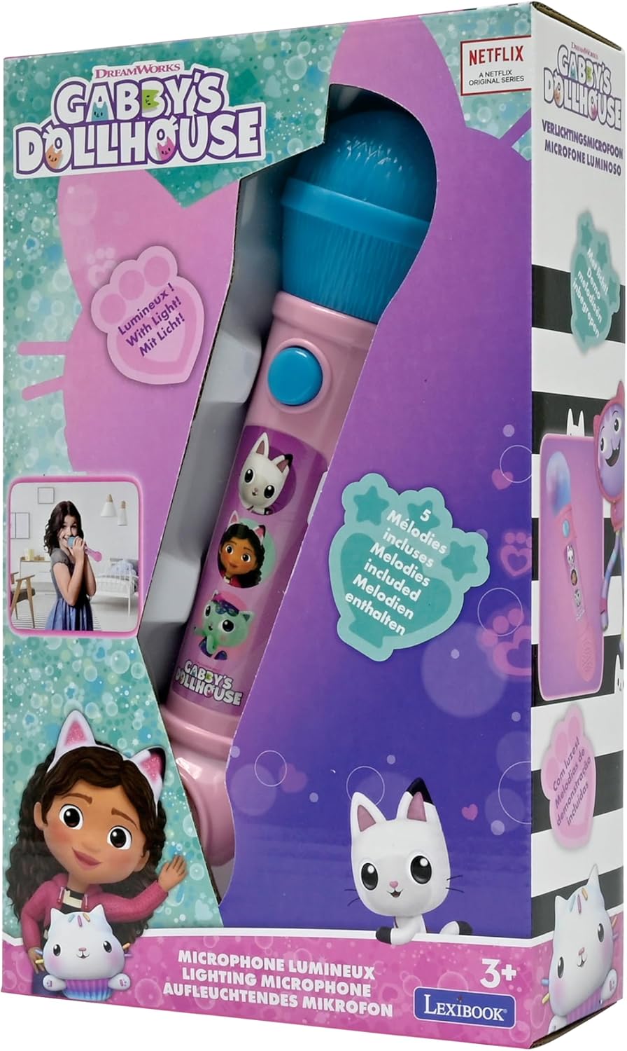 Lexibook, Gabby's Dollhouse, Illuminated Microphone for Kids, Musical Toy, Built-in Speaker, Light Effects, Demo Tunes Included, Pink/Blue, MIC80GDH