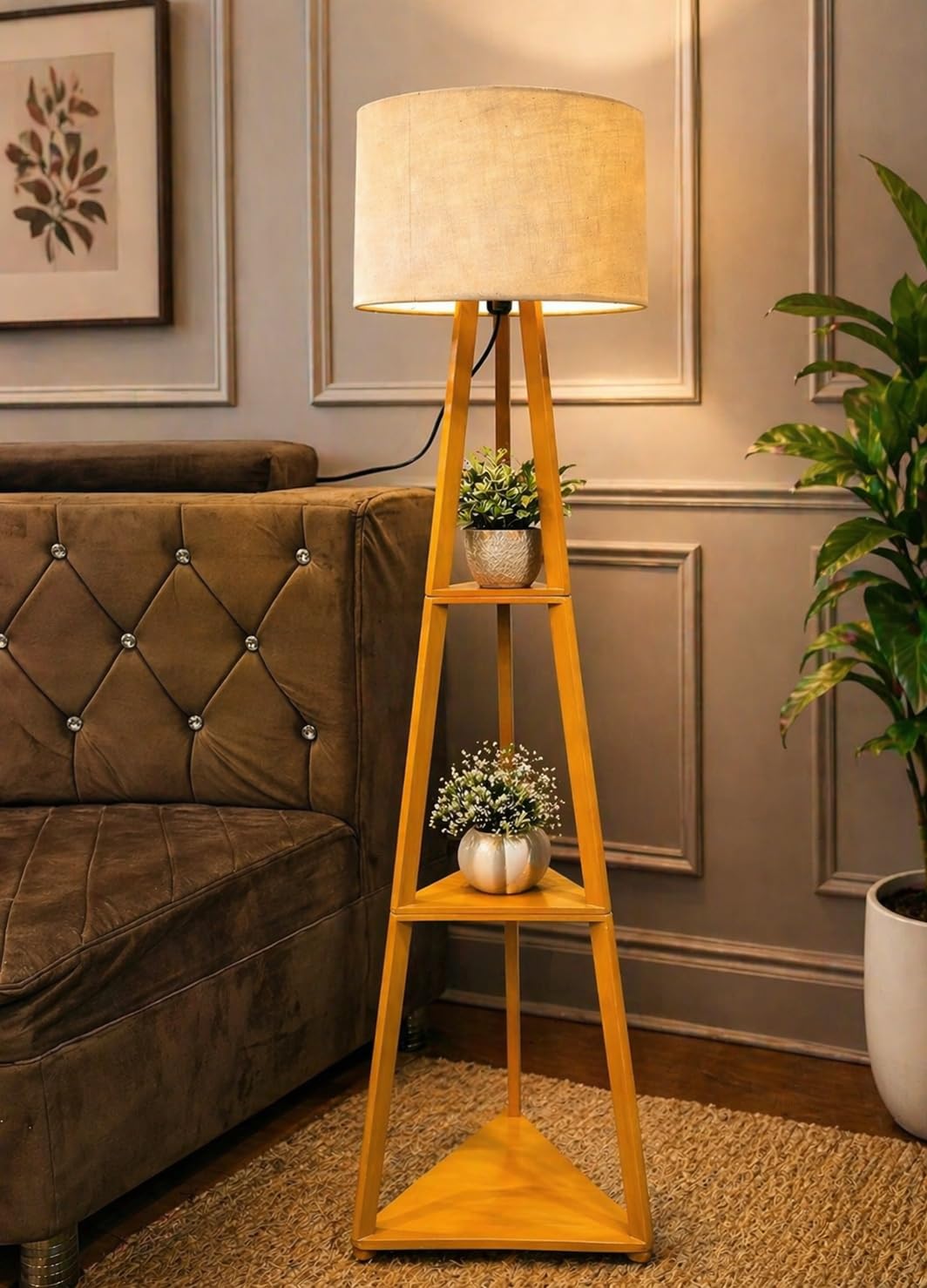 Modern Wooden Triangle Floor Lamp with Shelves – 3-Tier Standing Lamp with Fabric Shade, Corner Shelf Light for Living Room, Bedroom, Study – Space Saving Decorative Lamp with Plant Stand-image-43