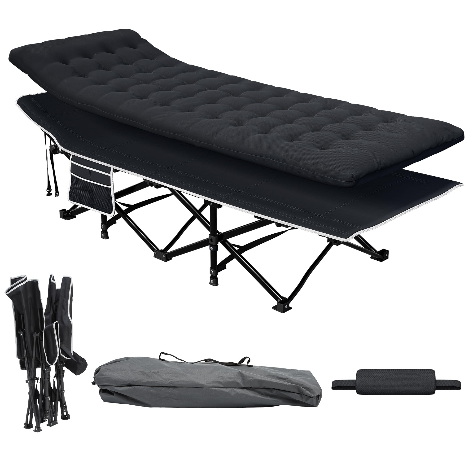 YITAHOME Brandina da Campeggio Pieghevole con Materasso Più Spesso, Lettino da Campeggio Robusti e Resistenti, Letto da Campeggio Comodo con Capacità di 250 kg per Viaggi/Ufficio/All'Aperto, Nero