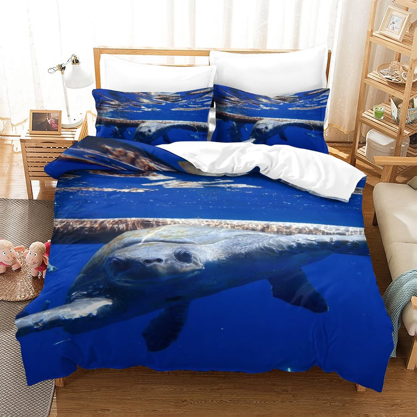 Housse de couette tortue marine 3D en microfibre parure 3 pièces imprimée 135x200