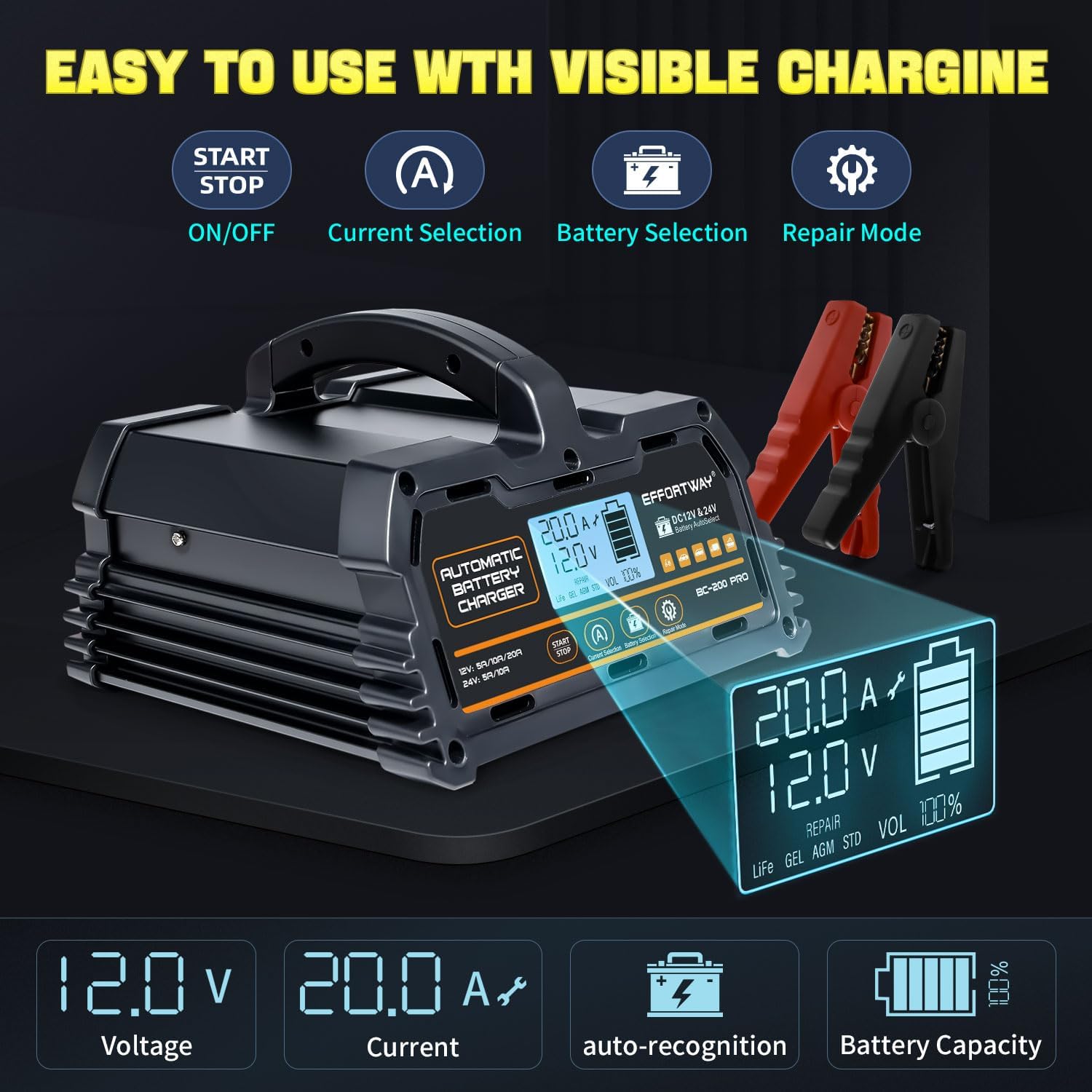 20A 12V/24V Battery Charger,Lead Acid Charger, 12V LiFePO4 Charger. Smart Battery Charger with Trickle Charge.Car Battery Maintainer with LCD Display. Suitable for Trucks,AMG,Motorcycles