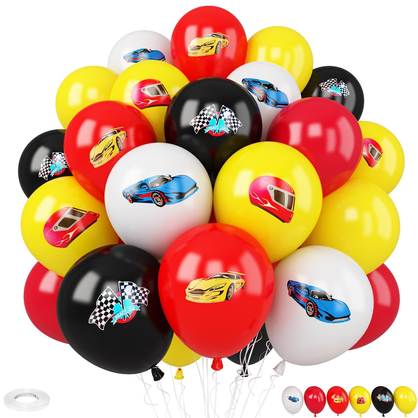 Race Cars Balloons,30 Pcs 12inch Red Yellow White Balloons Race Printed Latex Balloon for Checkered Flags Racing them Party Boys Birthday Fast