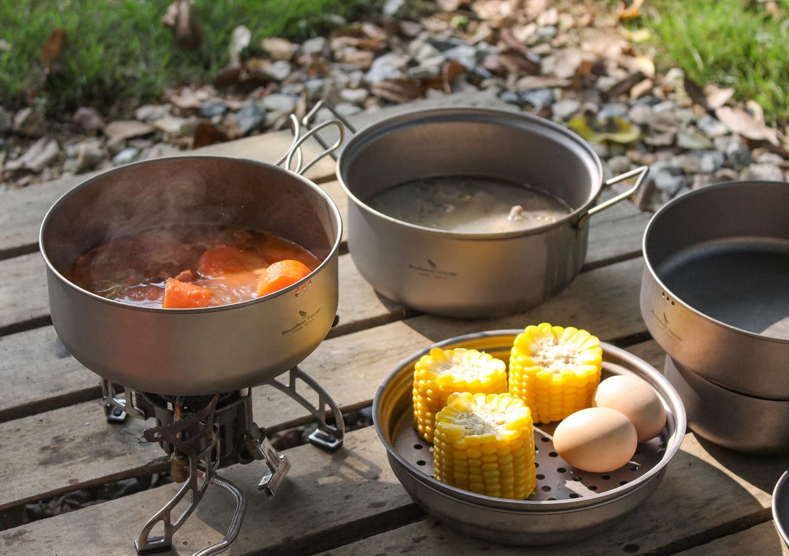 iBasingo Camping Kochen Dampfgartopf Titan Stockpot Bratpfanne Set Outdoor Reise Koch Geschirr Ultraleichte Suppen Topf Pfanne Tragbares Wander Picknick Mess Kit mit Klappgriff