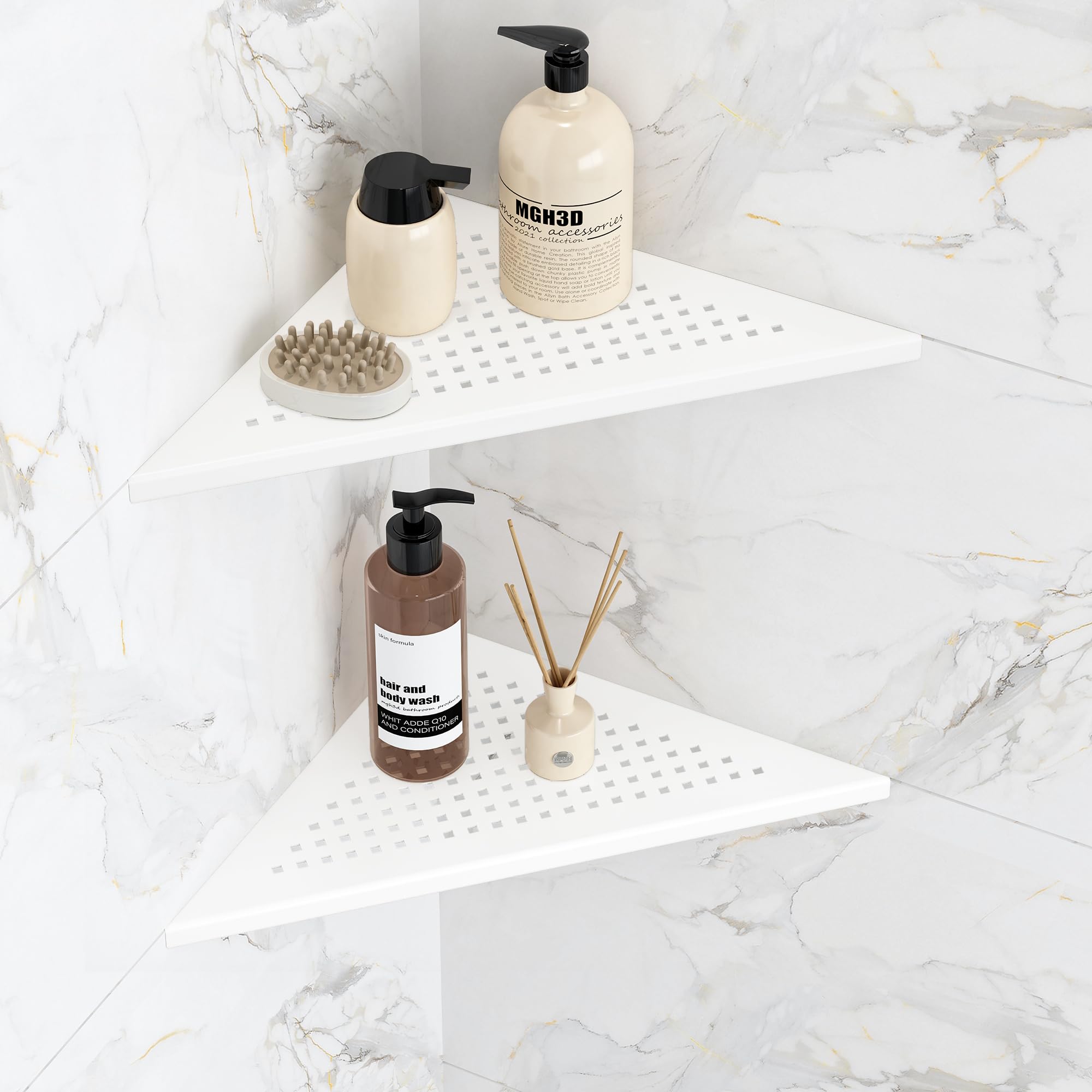 Qeke Corner Shower Shelves, 10” Recessed Tile Shower Shelf Matte White, 304 Stainless Steel Grout in Corner Tile Shower Shelves, No Drilling, 2 Pack