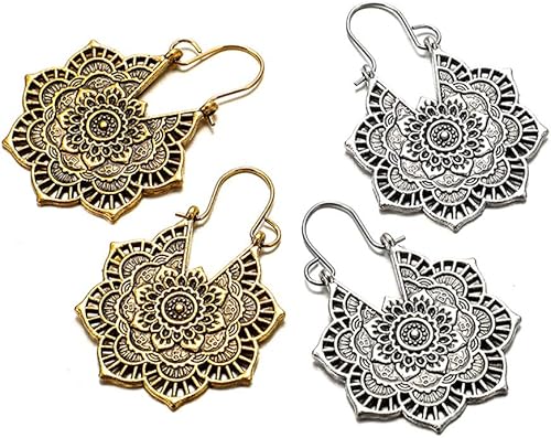 Miniatura 3 de DOUBNINE Pendientes gitanos étnicos de flores antiguas cuelgan pendientes retro estilo vintage boda nupcial joyería bohemia (plata), Zinc, No es una