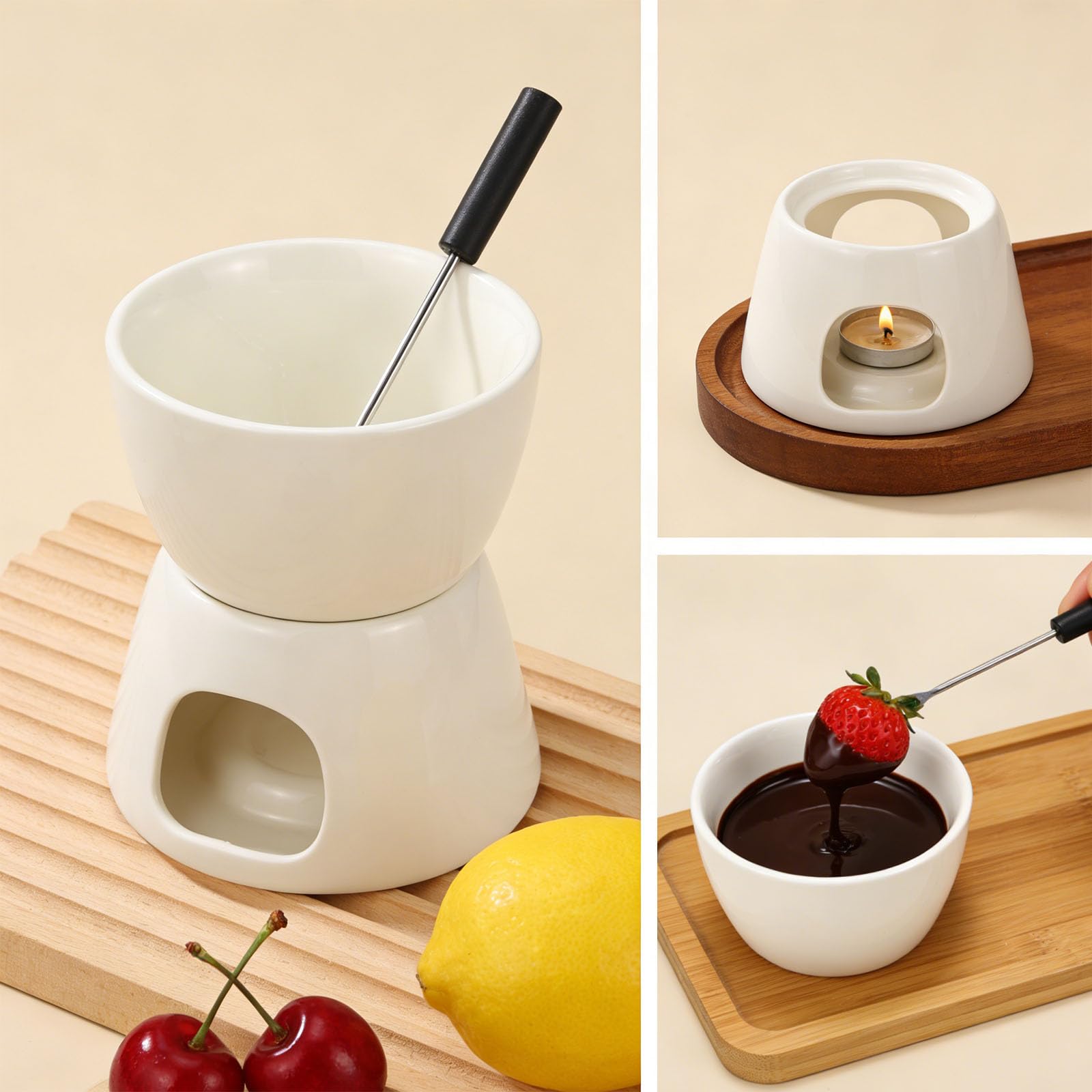 Set de Fondue de Chocolate 300 ml – Olla de Cerámica con 2 Tenedores, Mini Cazuela para Chocolate, Queso y Mantequilla – para el Hogar, Cenas en Pareja o con Amigos