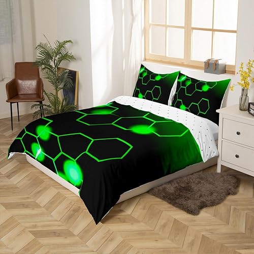 Miniatura 2 de Feelyou Juego de funda de edredón verde y negro, tamaño King, juego de ropa de cama de panal para niños y niñas, decoración geométrica, juego de