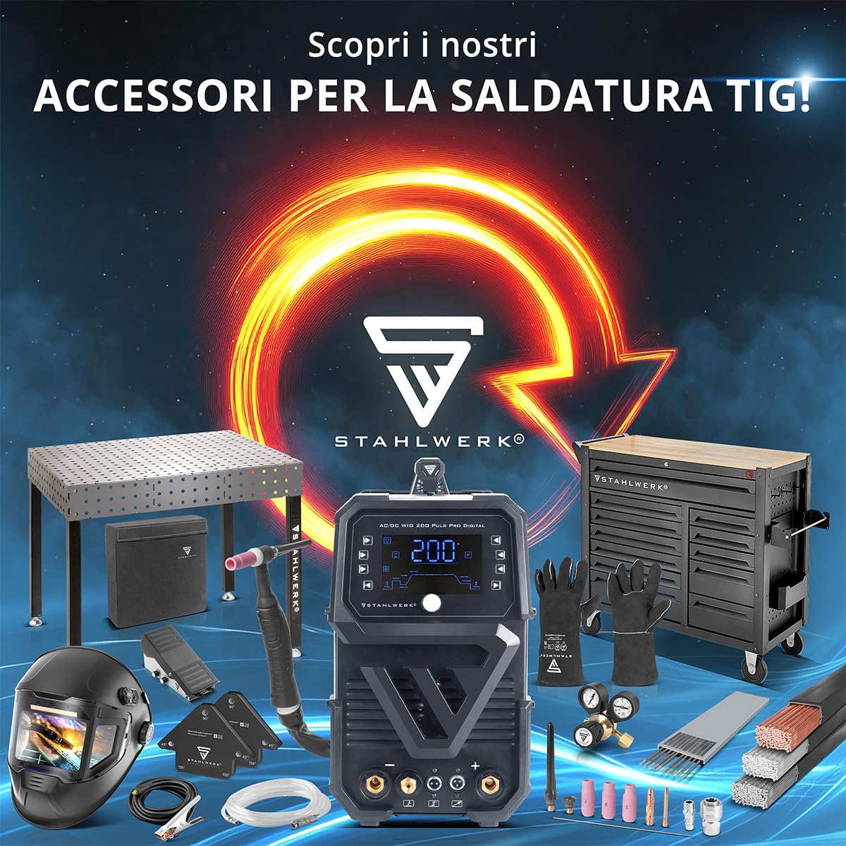 STAHLWERK Saldatrice AC/DC TIG 200 Puls ST – Inverter IGBT con modalità AC, MMA (elettrodo) fino a 200 A, innesco HF, funzione Pulse, 2T & 4T, Hotstart, per alluminio & lamiere sottili