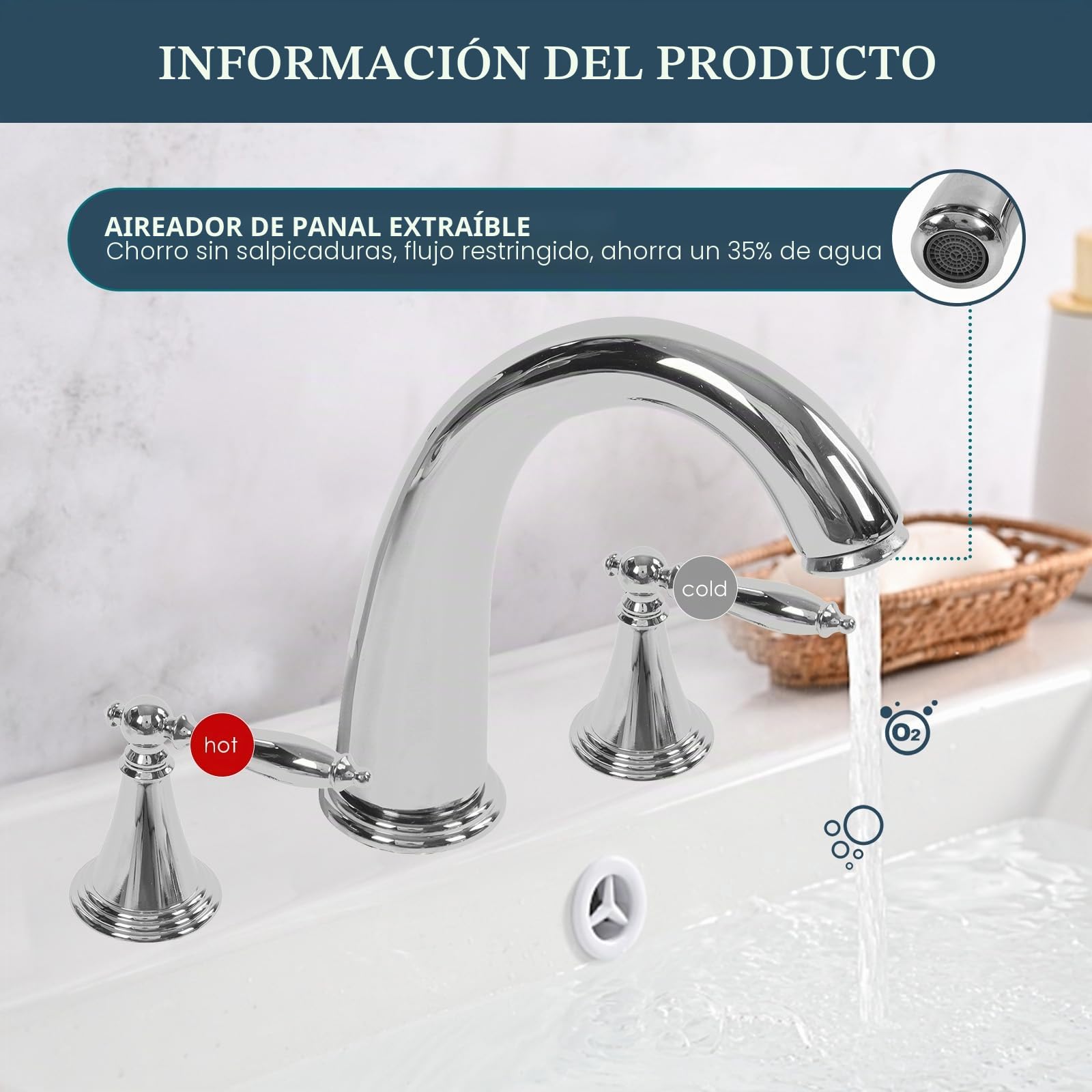 Grifo de Lavabo, Grifo Mezclador de Lavabo Vintage de 3 Agujeros con Doble Manija, Cobre Completo para Agua Fría y Caliente, Fácil Instalación y Resistente para Baño, Cocina, Hotel