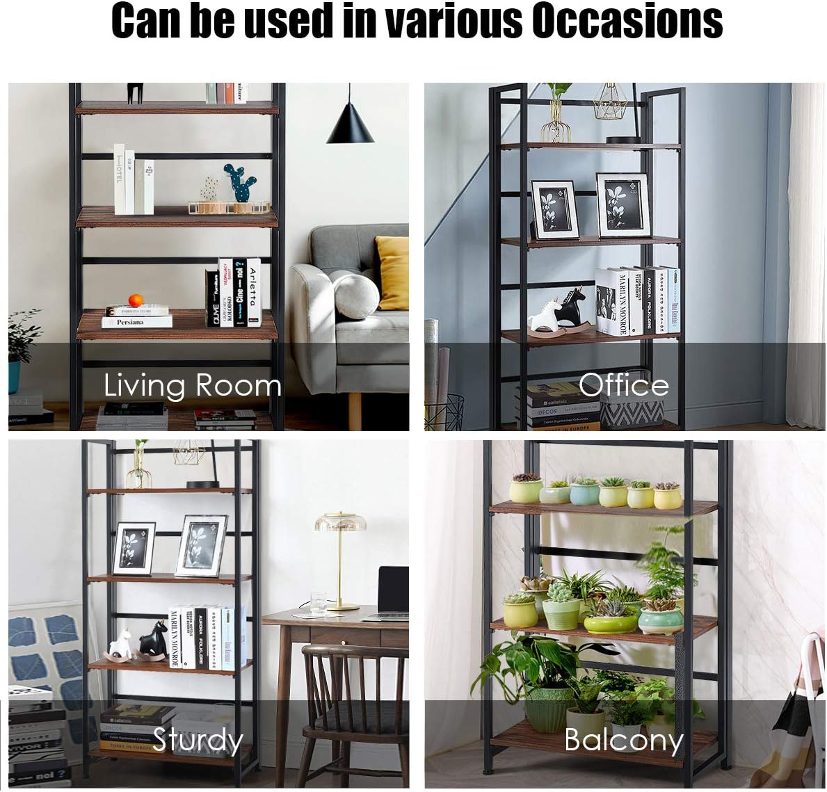Giantex 4-Tier Folding Bookshelf Standing Shelf Units Display Rack Storage Shelf Industrial Style Utility Shelving with Metal Frame & Wood Layer (Rustic Brown, 23.5" LX12 X49.5 H)