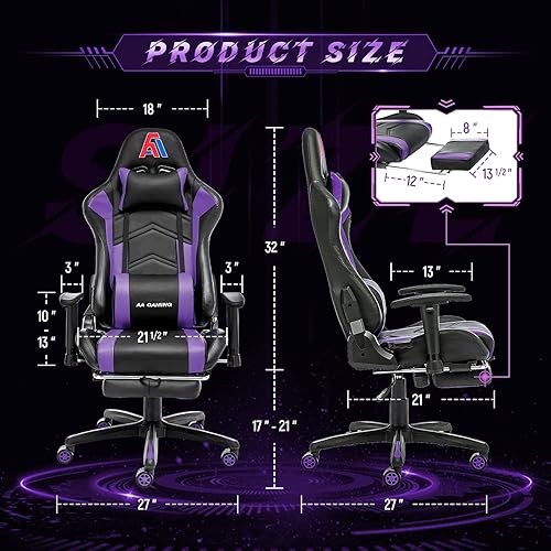 Miniatura 43 de AA Products - Silla ergonómica para videojuegos, silla ergonómica de carreras de computadora con respaldo alto, silla de oficina ajustable con