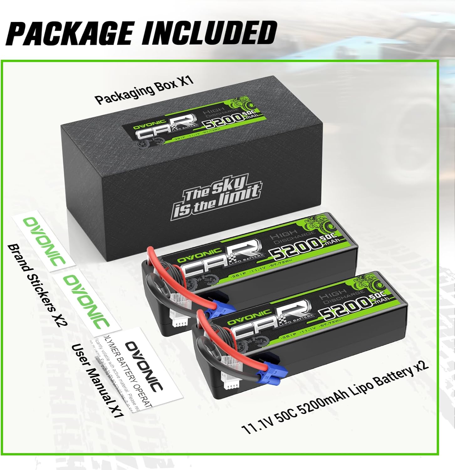 OVONIC 3S Lipo Battery 50C 5200mAh 11.1V Lipo Battery with EC5 Connector for Arrma 1/5 1/8 1/10 RC Car and Truck